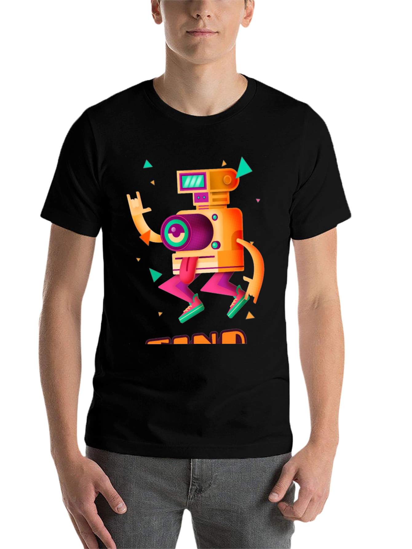 Black Retro Robot Graphic Tee - Black Cotton T-Shirt view 7