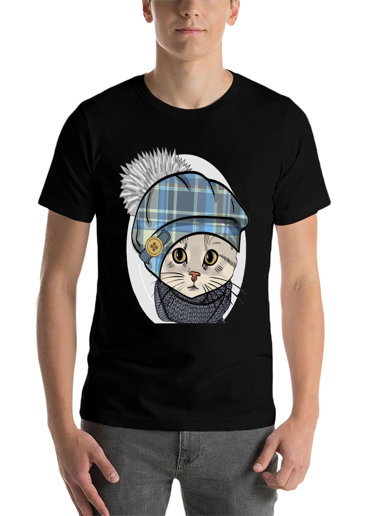 Black Cat in Tartan Hat T-Shirt - Whimsical Comfort view 7