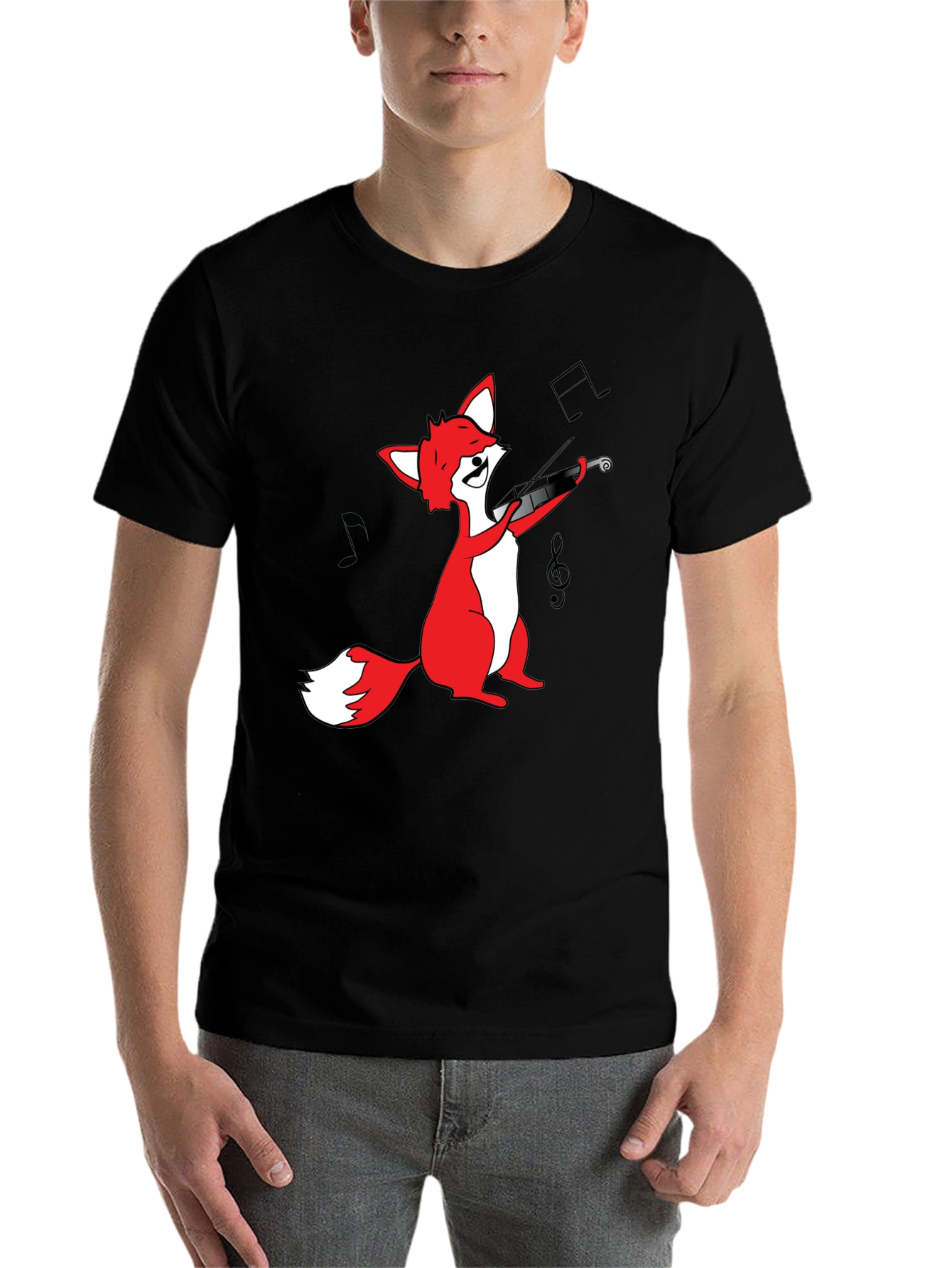 Black Fox Violinist T-Shirt - Black Graphic Tee view 7