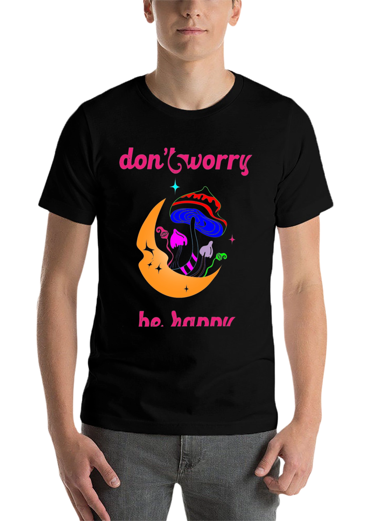 Black Don't Worry Be Happy Graphic T-Shirt view 7