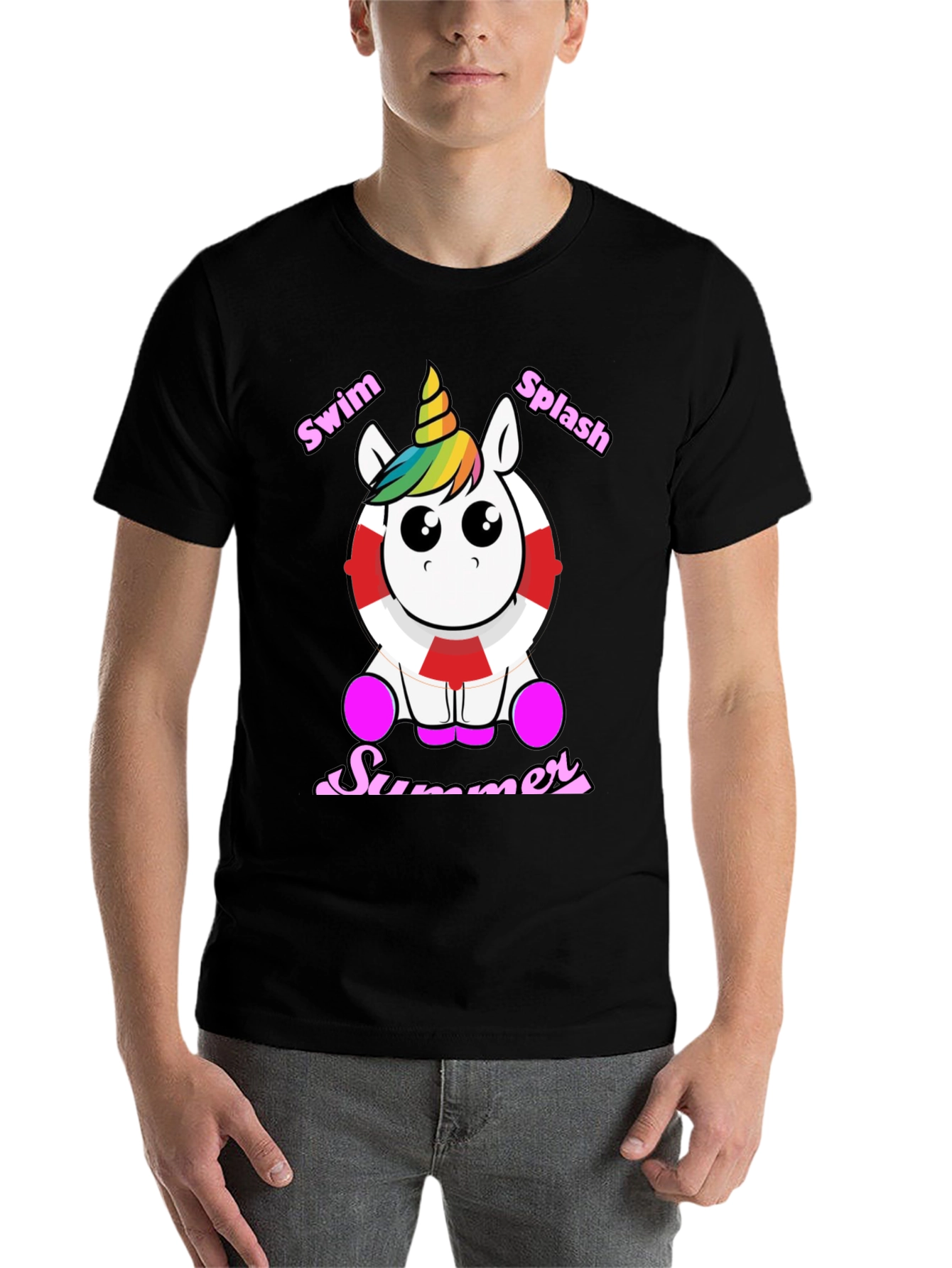 Black Swim Splash Summer Unicorn T-Shirt view 7