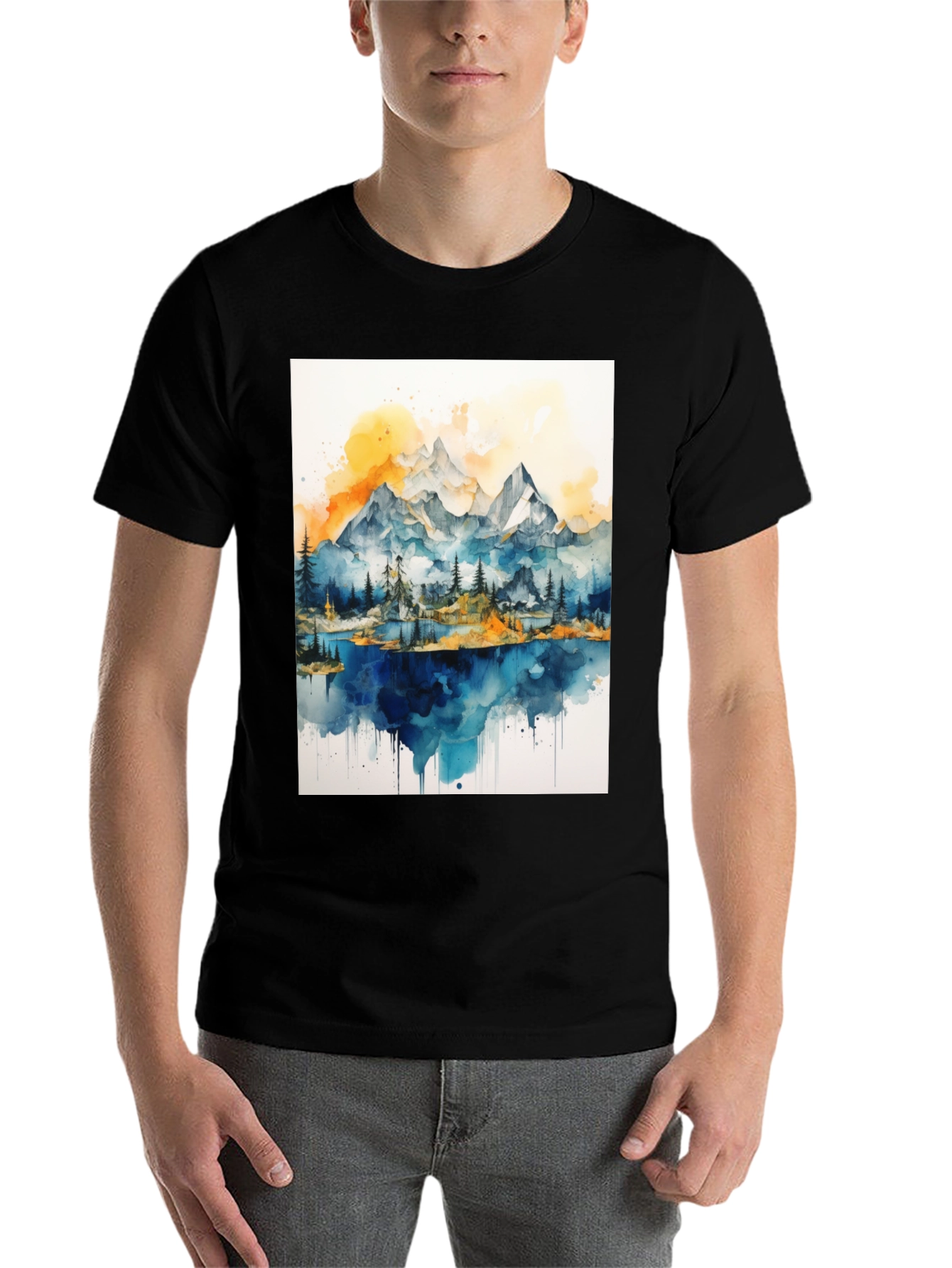 Black Watercolor Mountain Lake Graphic Tee view 7