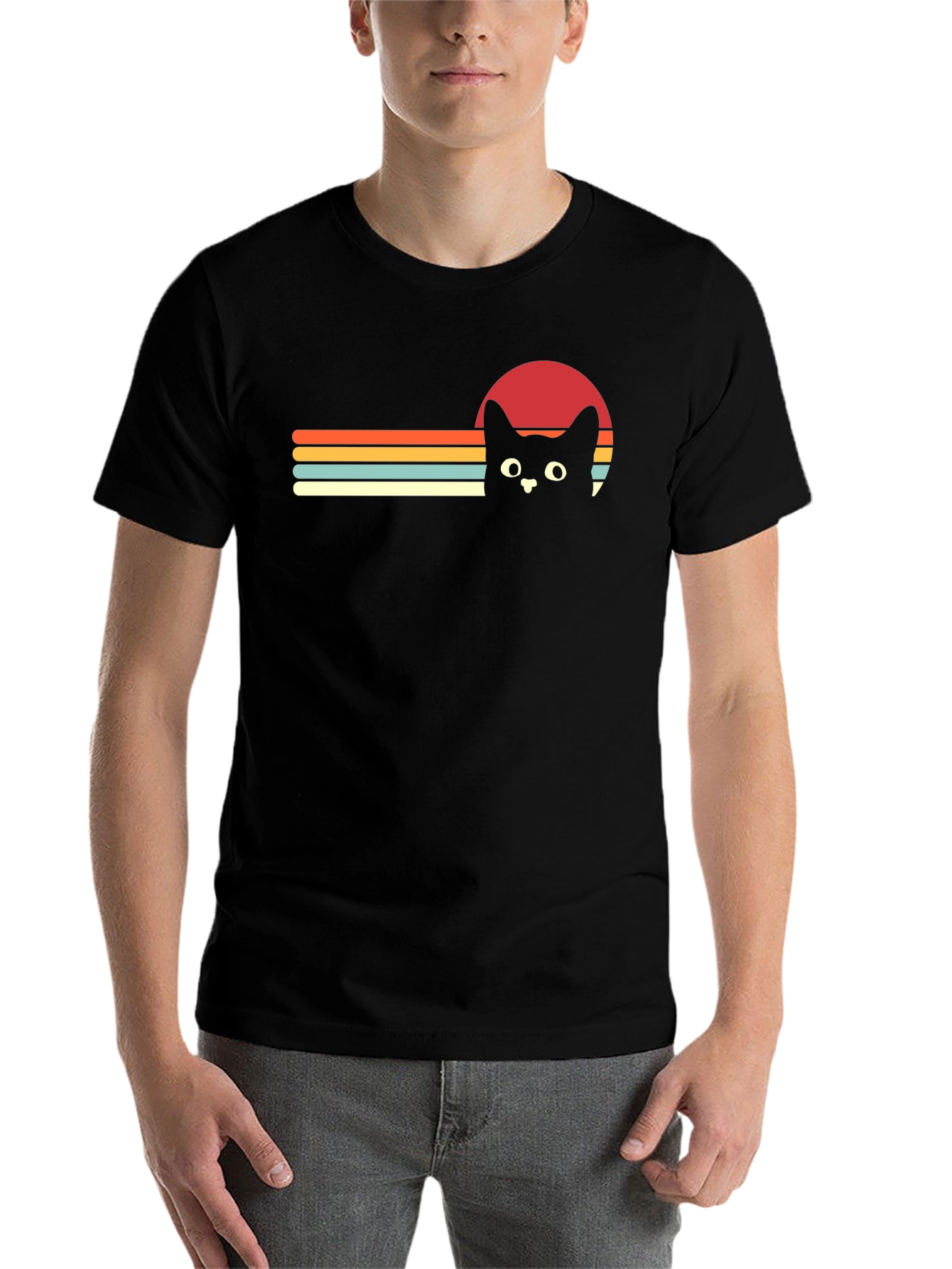 Black Retro Cat Sunset Graphic Tee - Black T-Shirt view 7