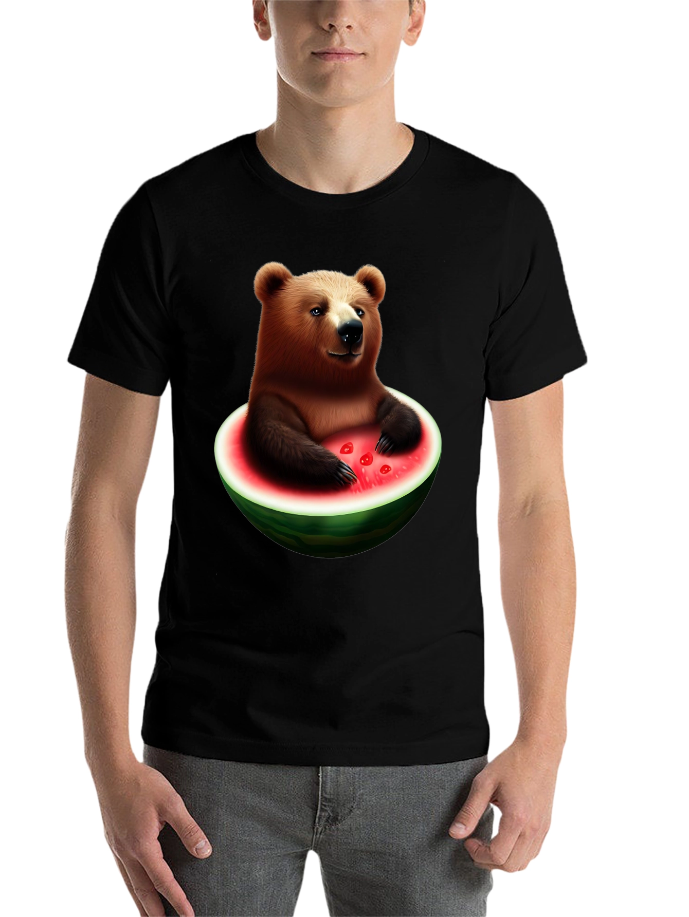 Black Bear in Watermelon Men's Black T-Shirt view 7