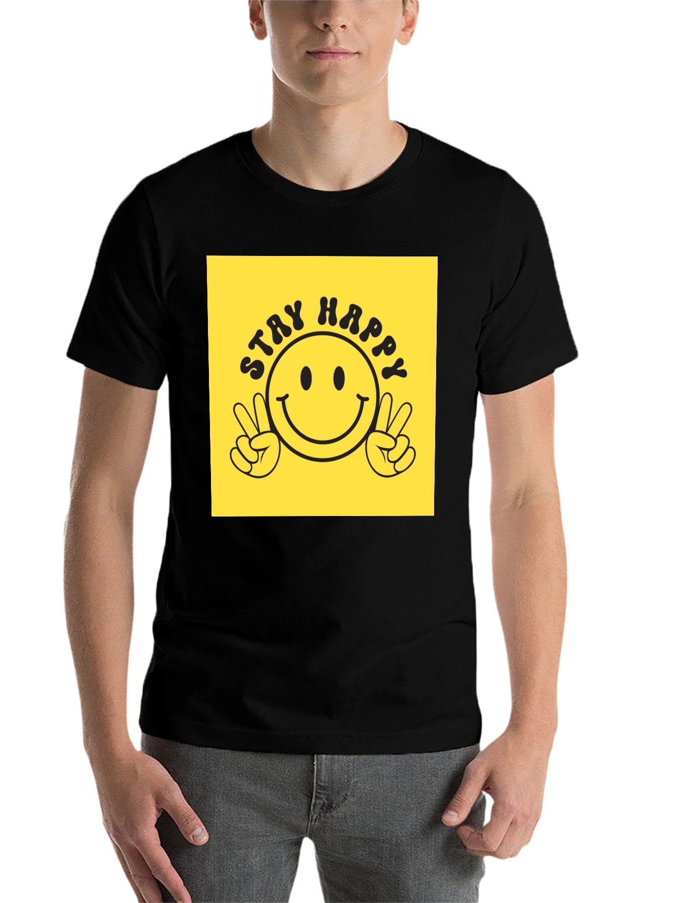 Black Stay Happy Graphic Tee - Retro Smiley Face T-Shirt view 7
