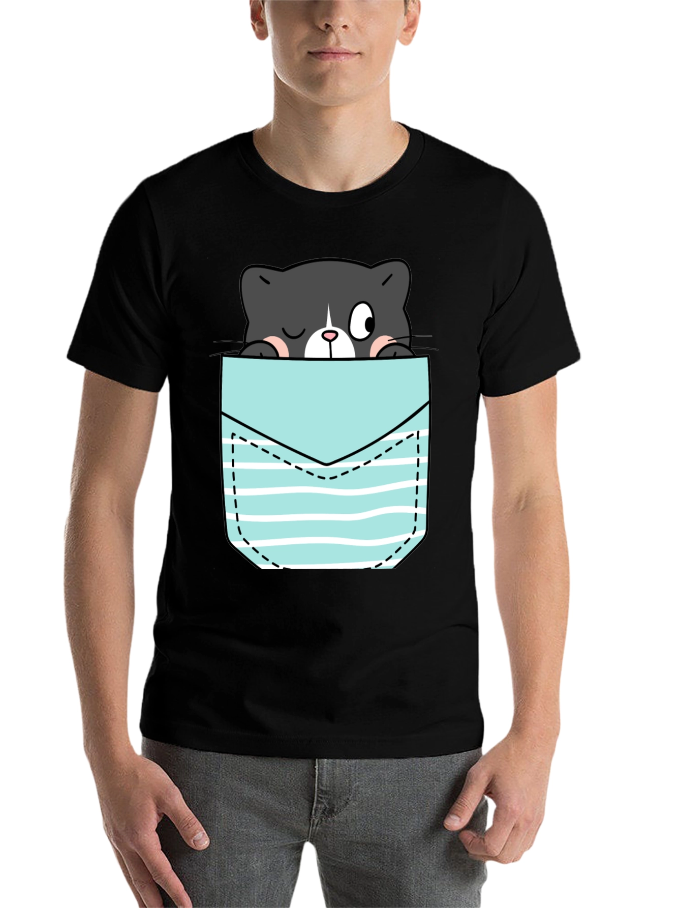 Black Black T-Shirt with Peek-a-Boo Cat Pocket Design view 7
