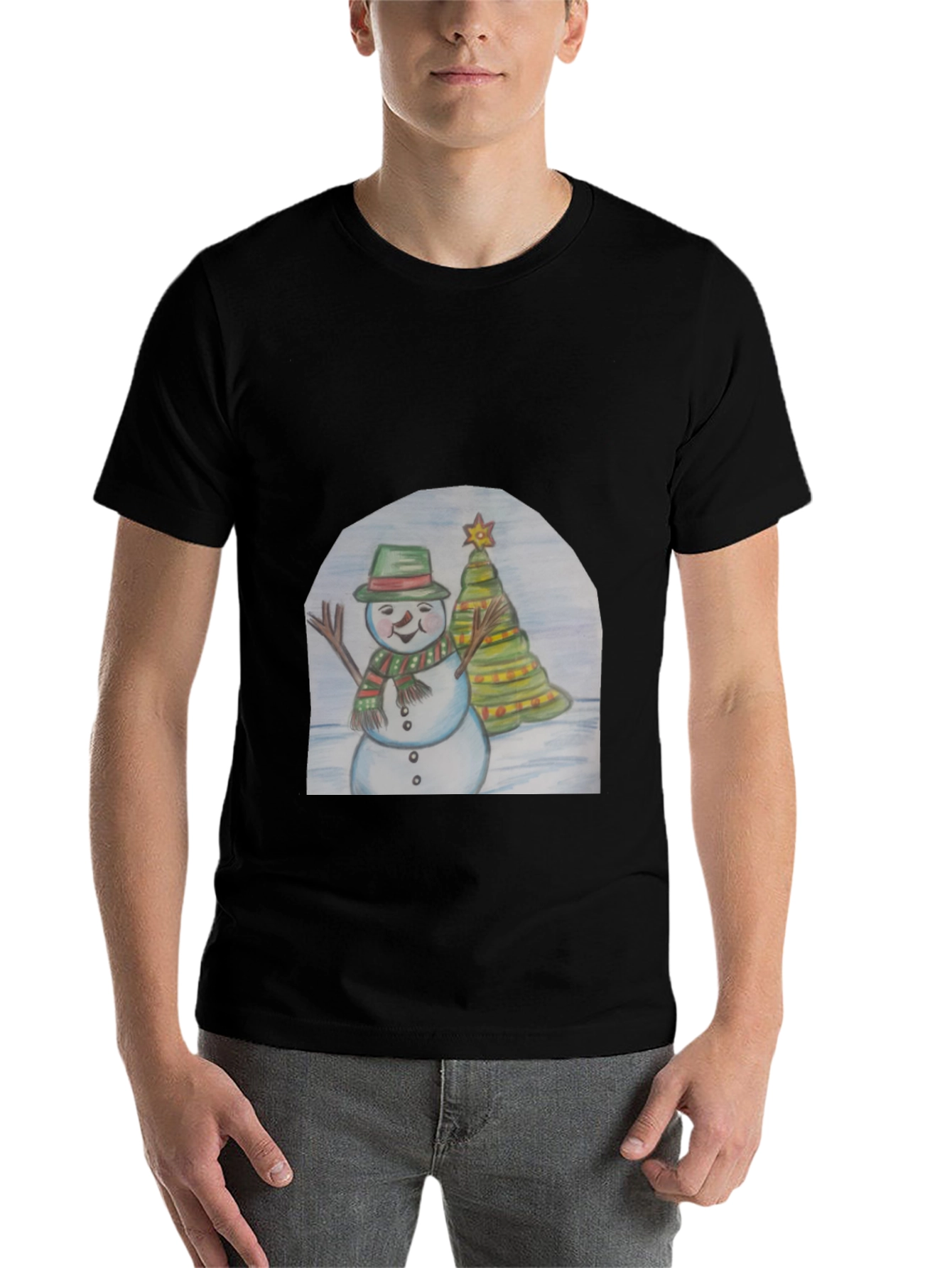 Black Festive Snowman & Christmas Tree T-Shirt view 7