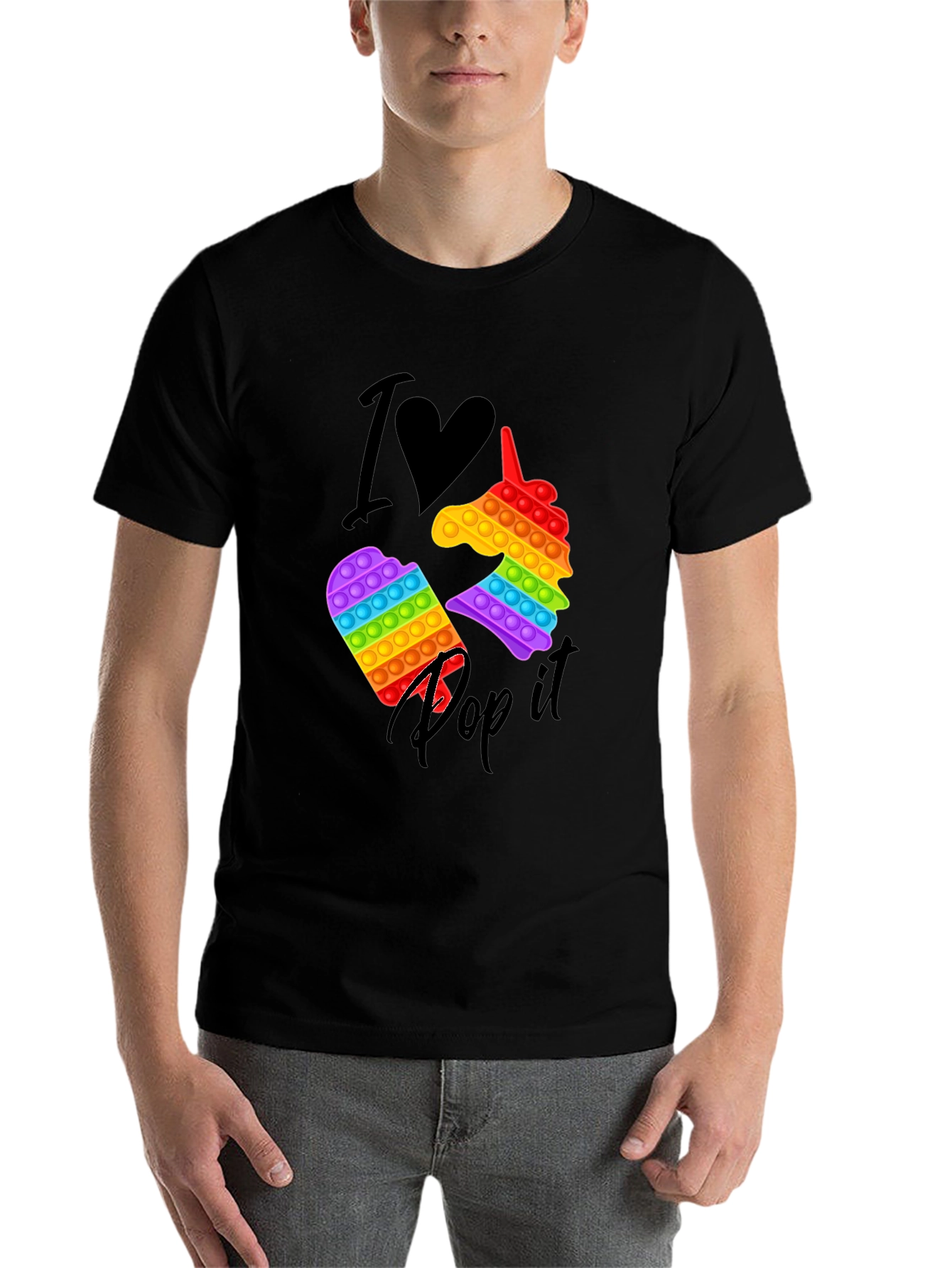 Black I Love Pop It T-Shirt, Unicorn & Square Design view 7