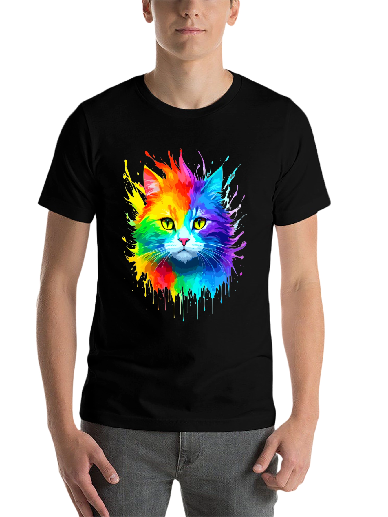 Black Rainbow Cat Graphic Tee - Vibrant Design view 7