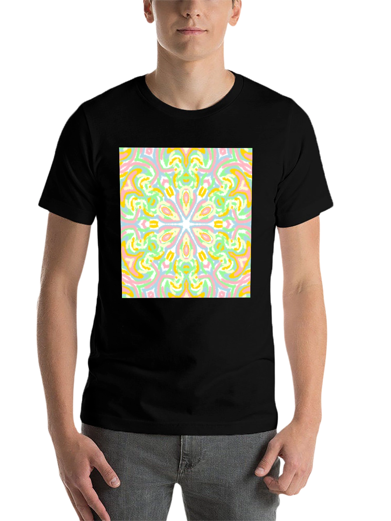 Black Colorful Mandala Graphic Tee - Black Cotton Casual T-Shirt view 7