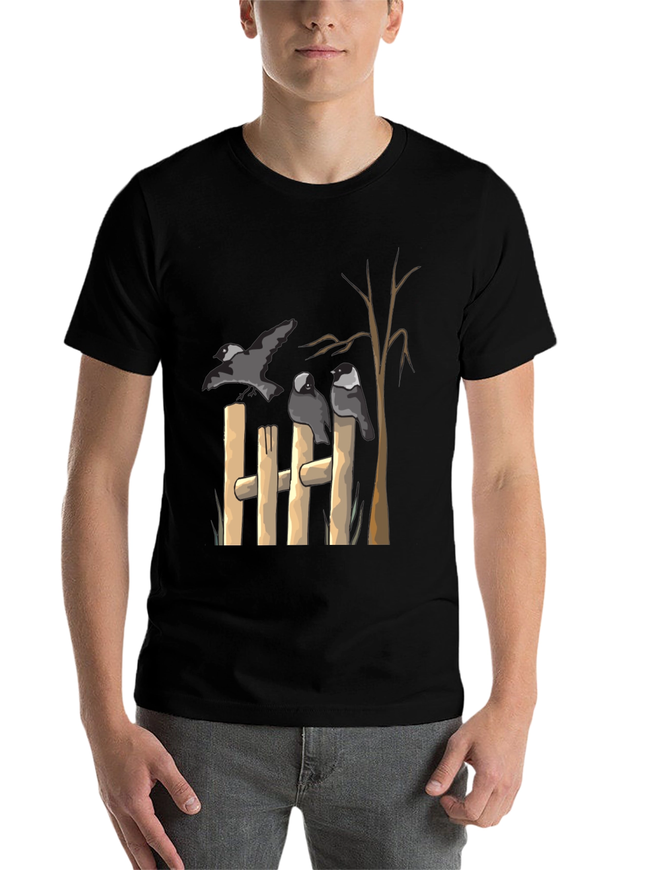 Black Birds on Fence Graphic Black T-Shirt view 7