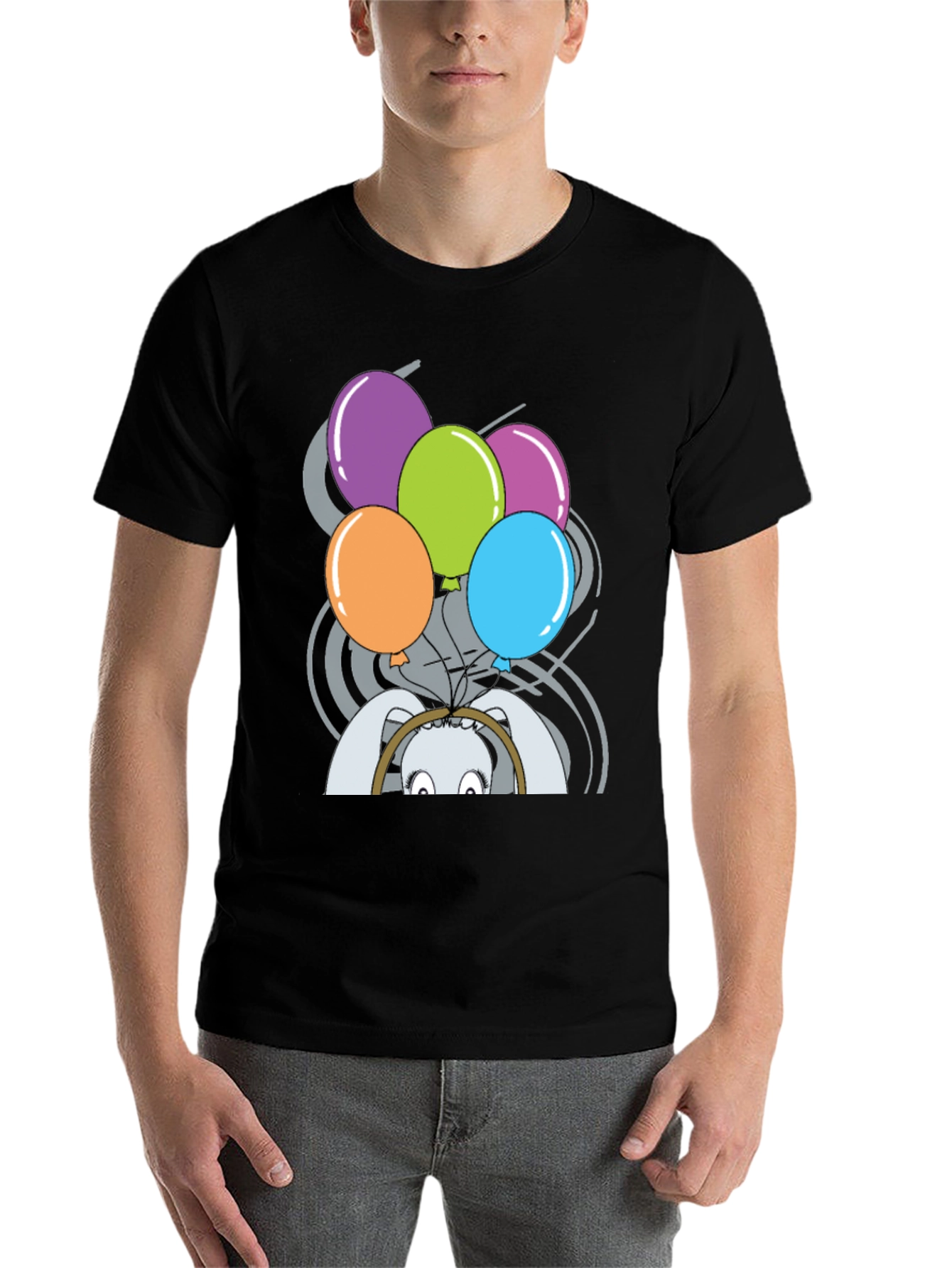 Black Funny Rabbit with Balloons T-Shirt view 7