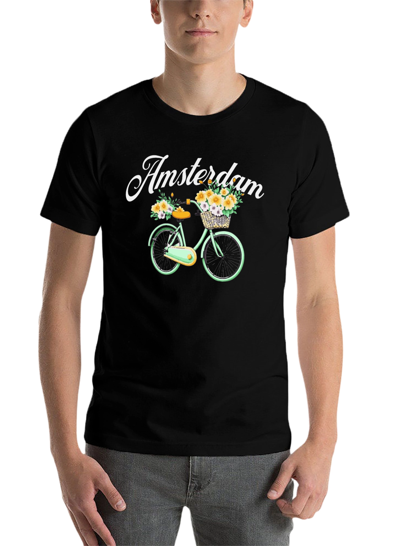 Black Amsterdam Bicycle Graphic Tee - Floral Basket Design view 7