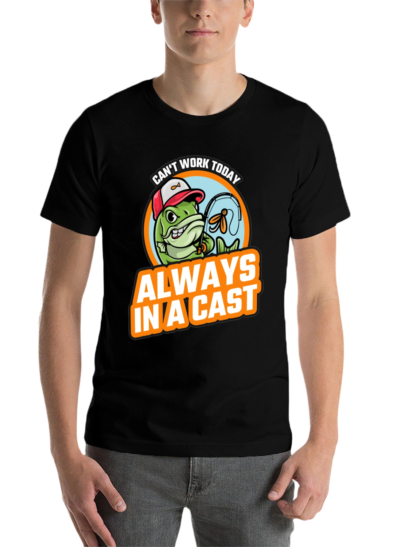 Black Funny Fishing T-Shirt - "Always In A Cast" view 7