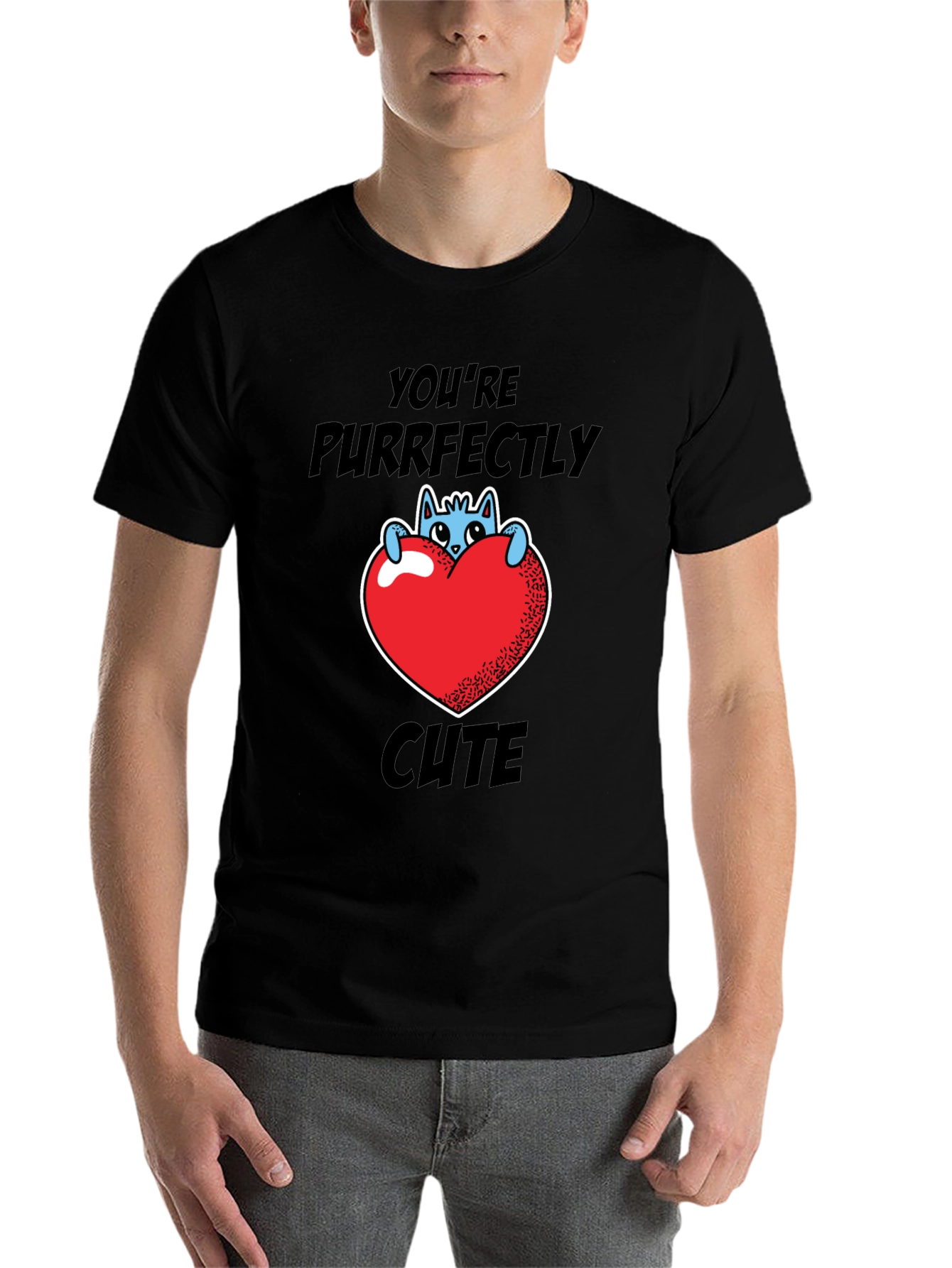 Black Purrfectly Cute Cat Heart Graphic T-Shirt view 7