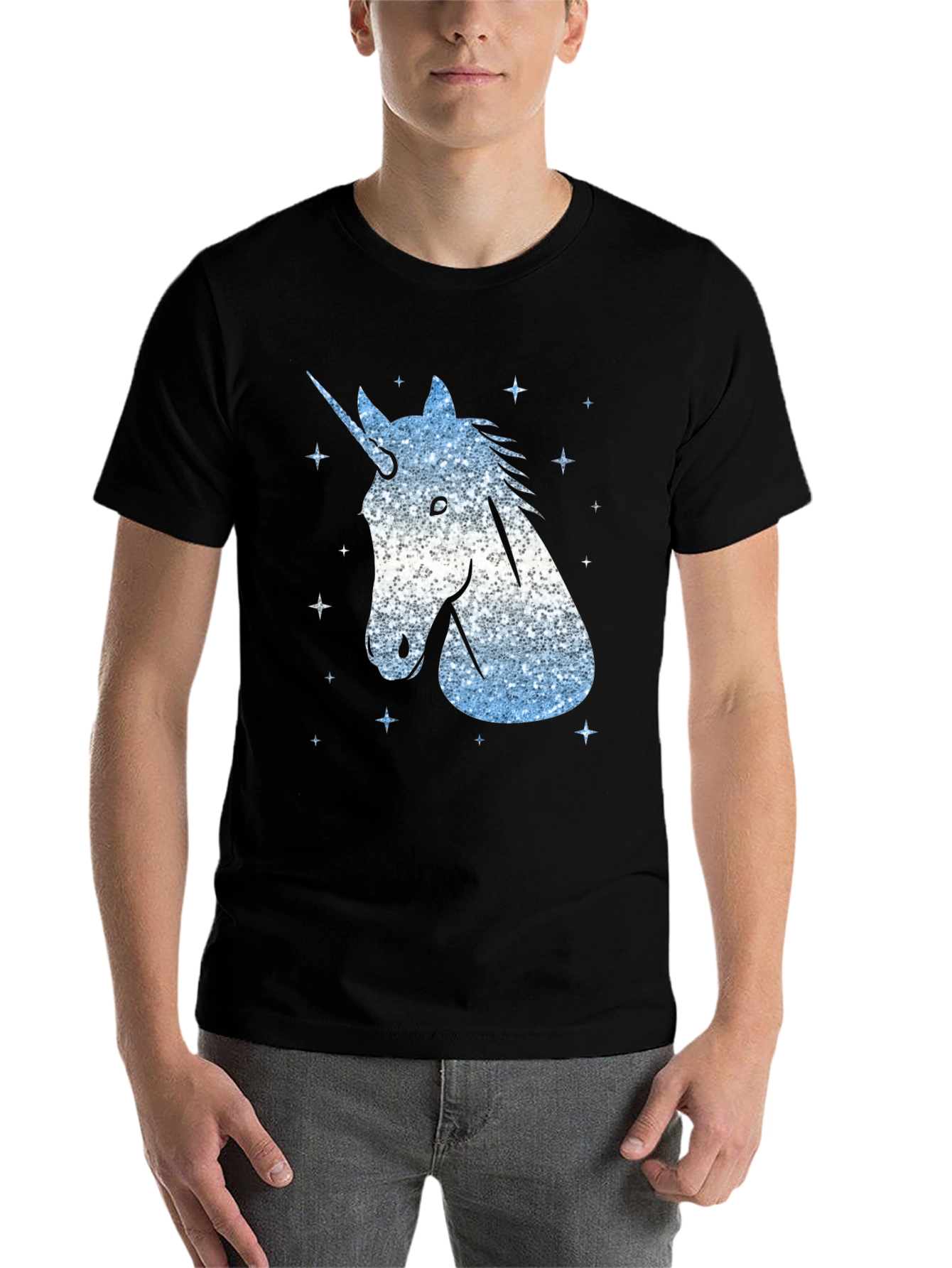 Black Unicorn Glitter Graphic Tee - Men's Black T-Shirt view 7