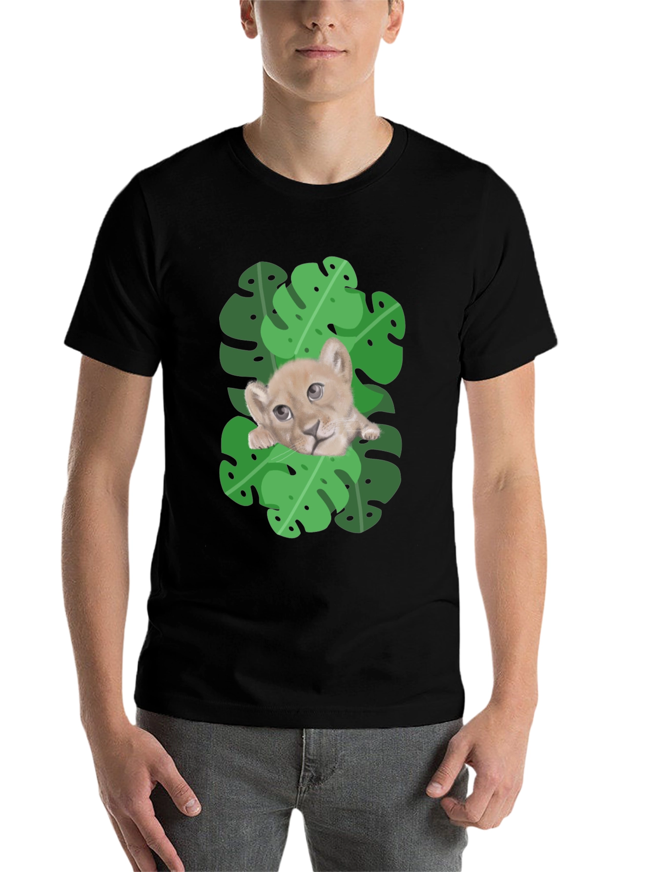 Black Lion Cub in Leaves Graphic T-Shirt - Black view 7