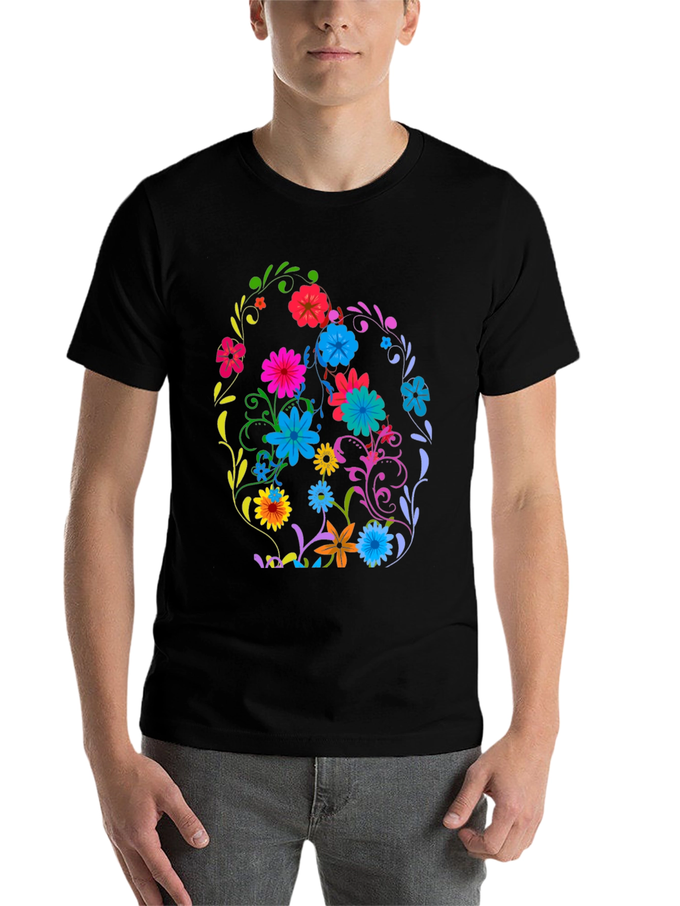 Black Floral Easter Egg Graphic Tee - Black Cotton T-Shirt view 7