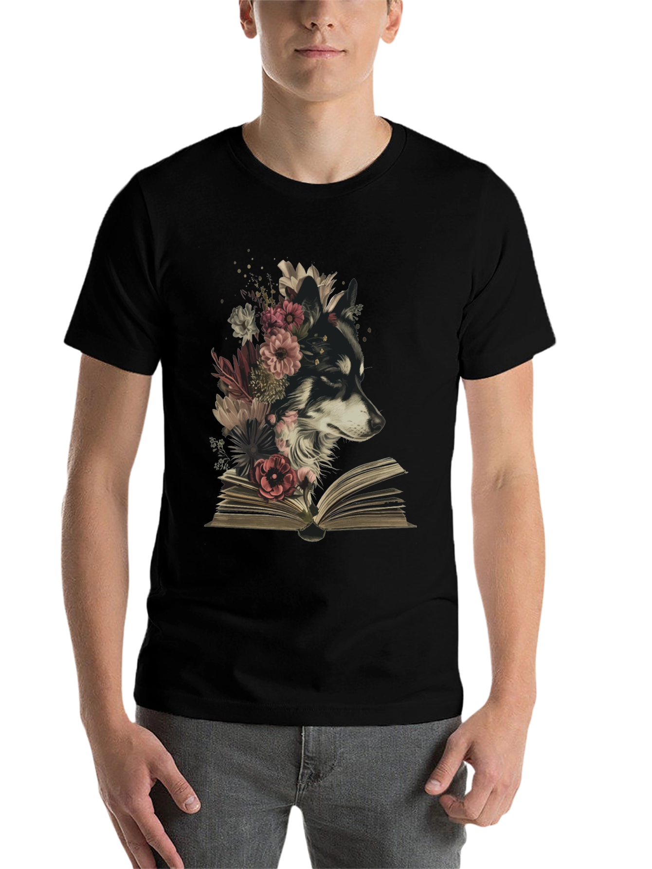 Black Floral Dog Book T-Shirt - Black view 7