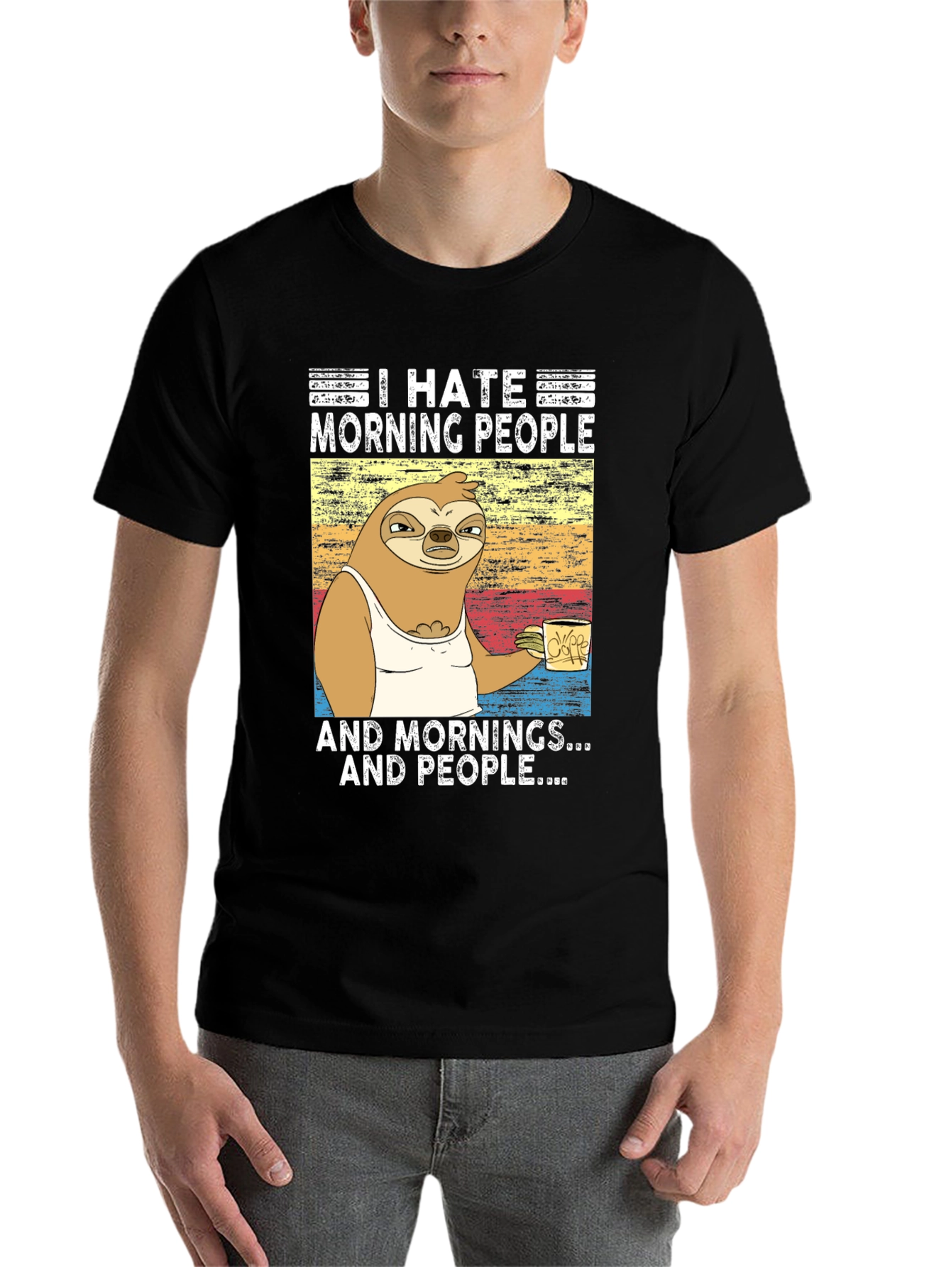Black I Hate Morning People Sloth Graphic Tee view 7