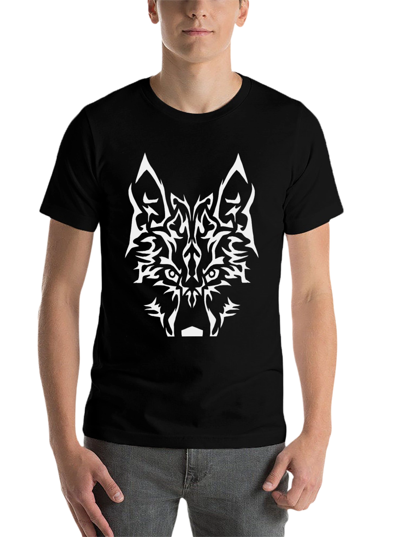 Black Tribal Wolf Graphic Tee - Black Cotton view 7
