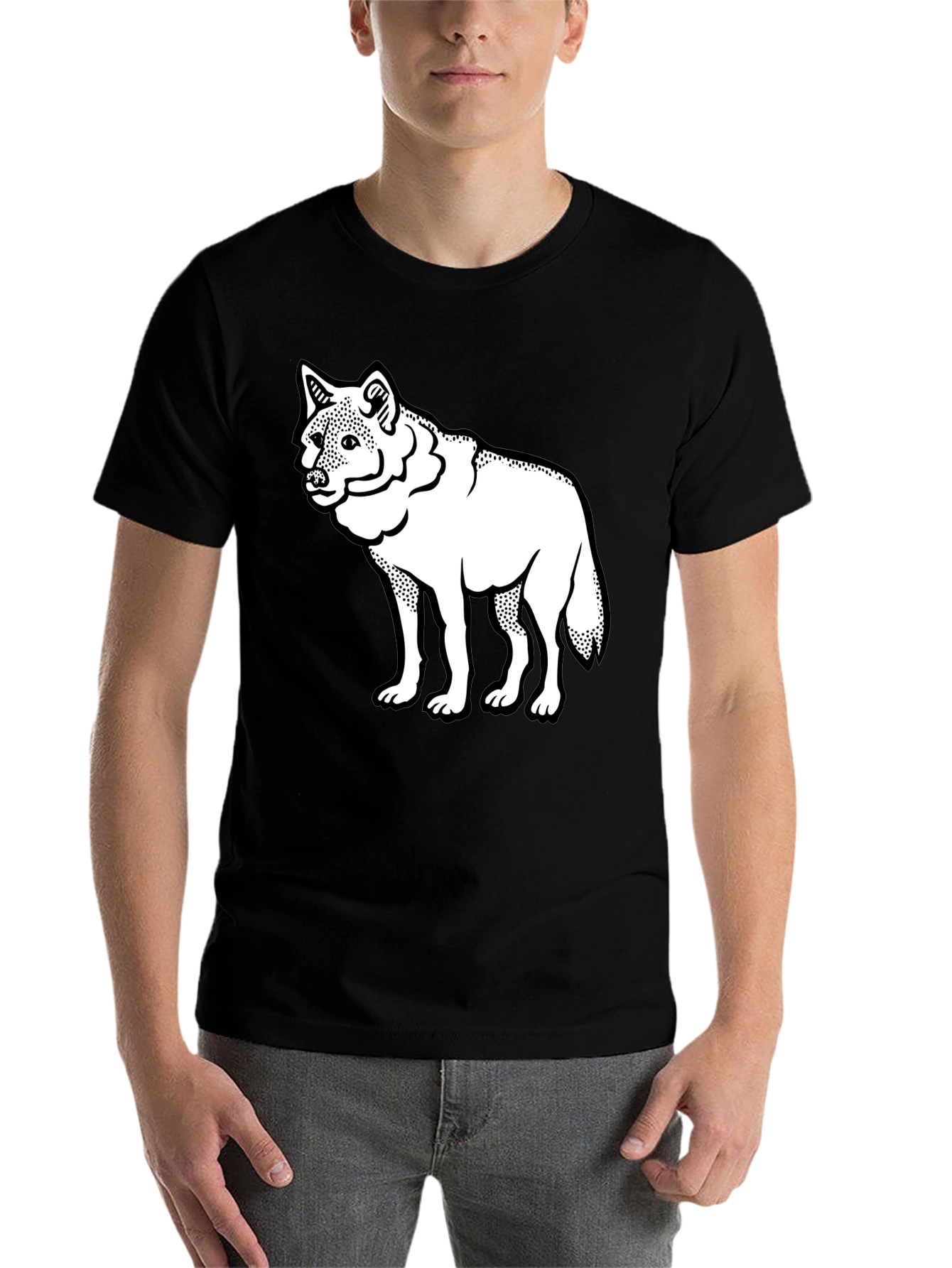 Black Black T-Shirt with White Wolf Graphic Print view 7