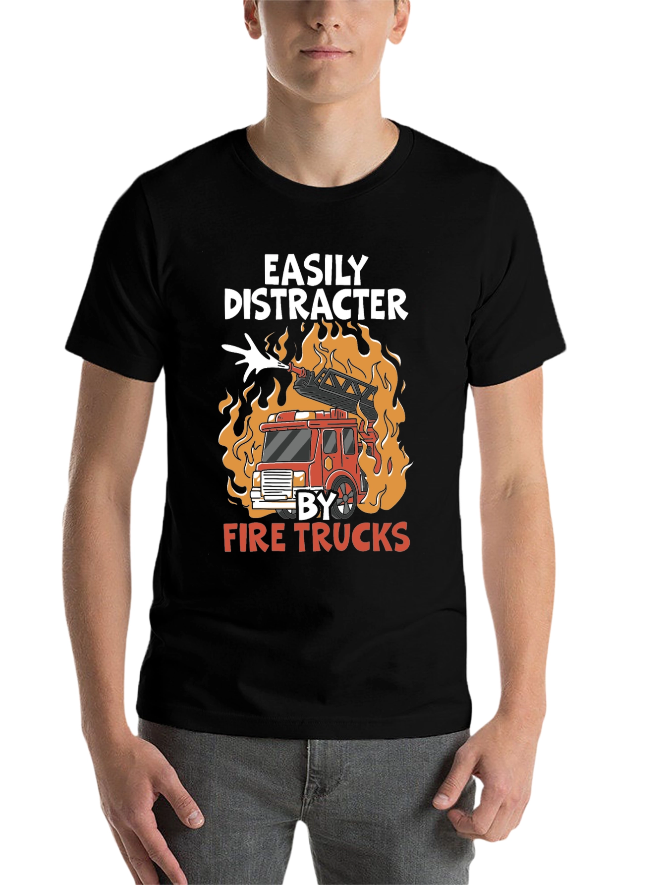 Black Easily Distracted By Fire Trucks T-Shirt view 7