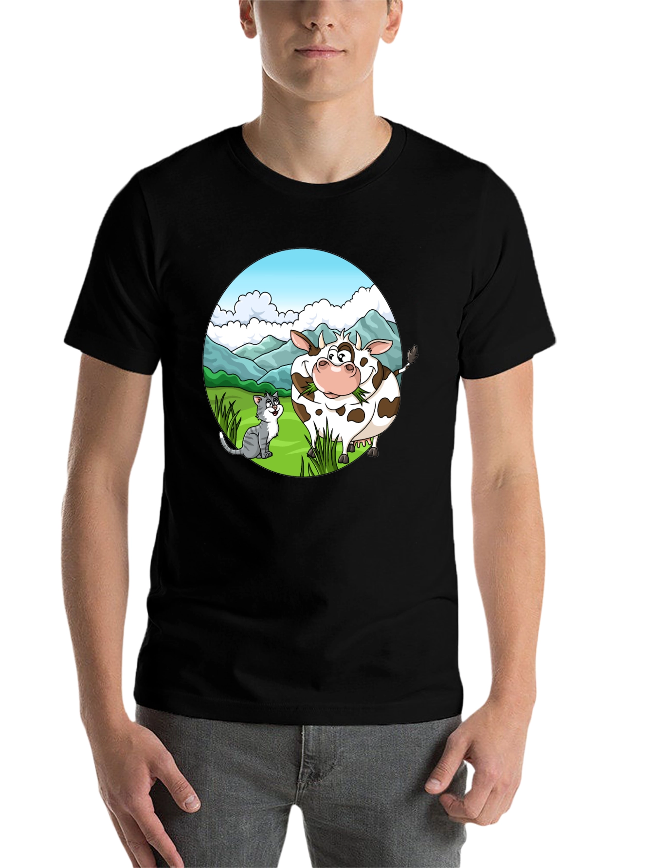 Black Cartoon Cow and Cat Graphic Black T-Shirt view 7