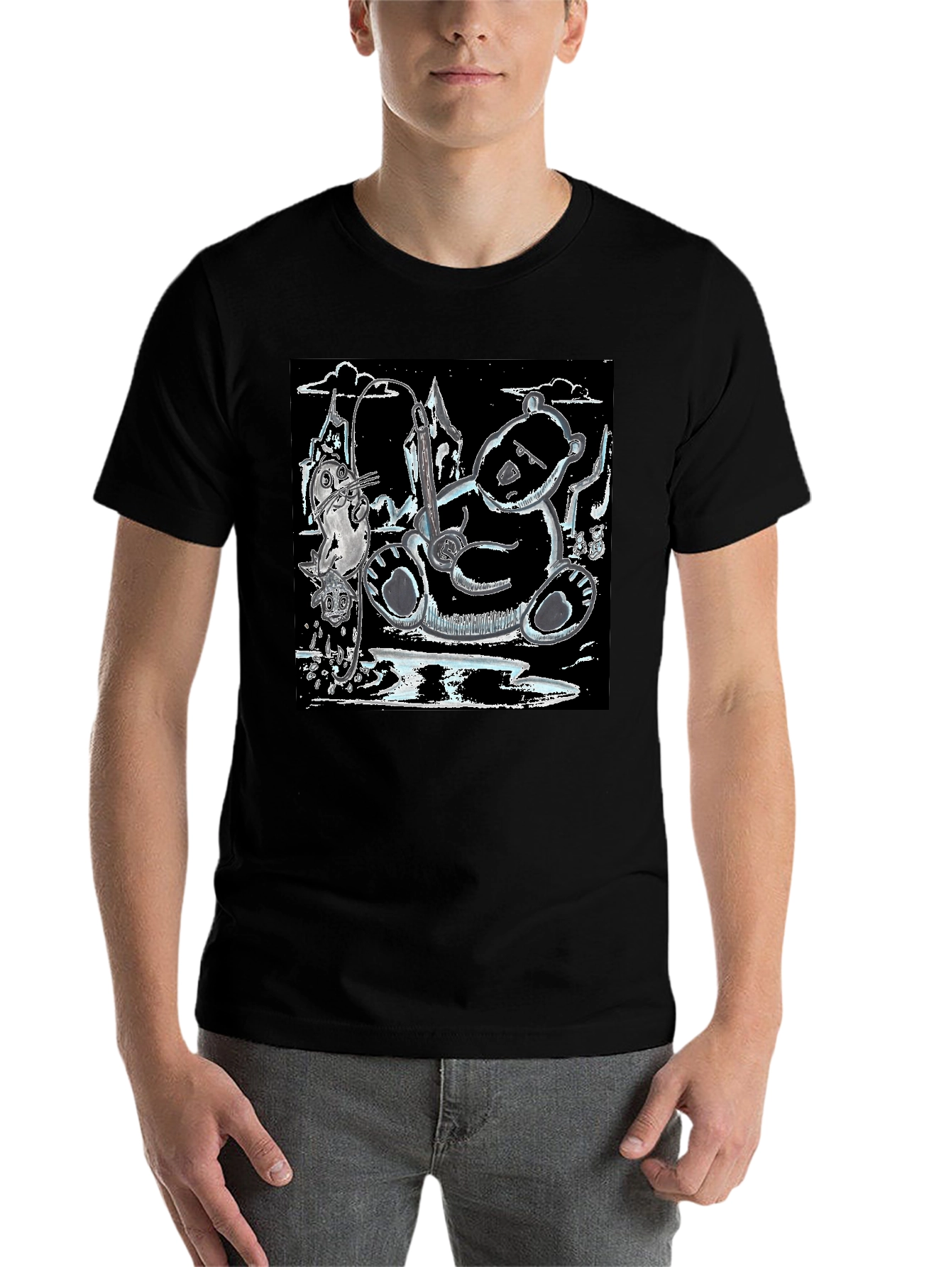 Black Unique Graphic Tee: Bear, Seal, and Musical Notes Art view 7