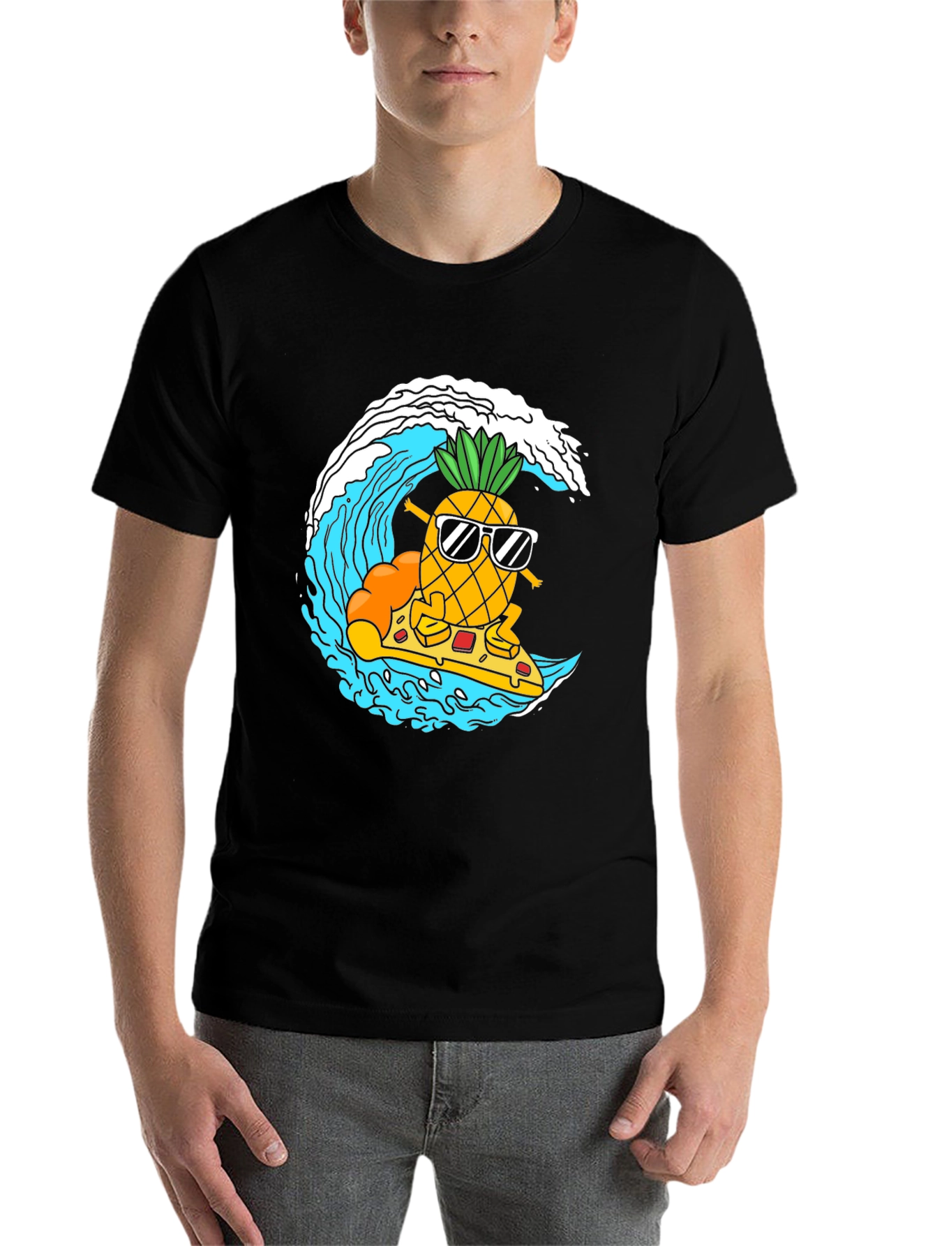 Black Surfing Pineapple Pizza T-Shirt view 7