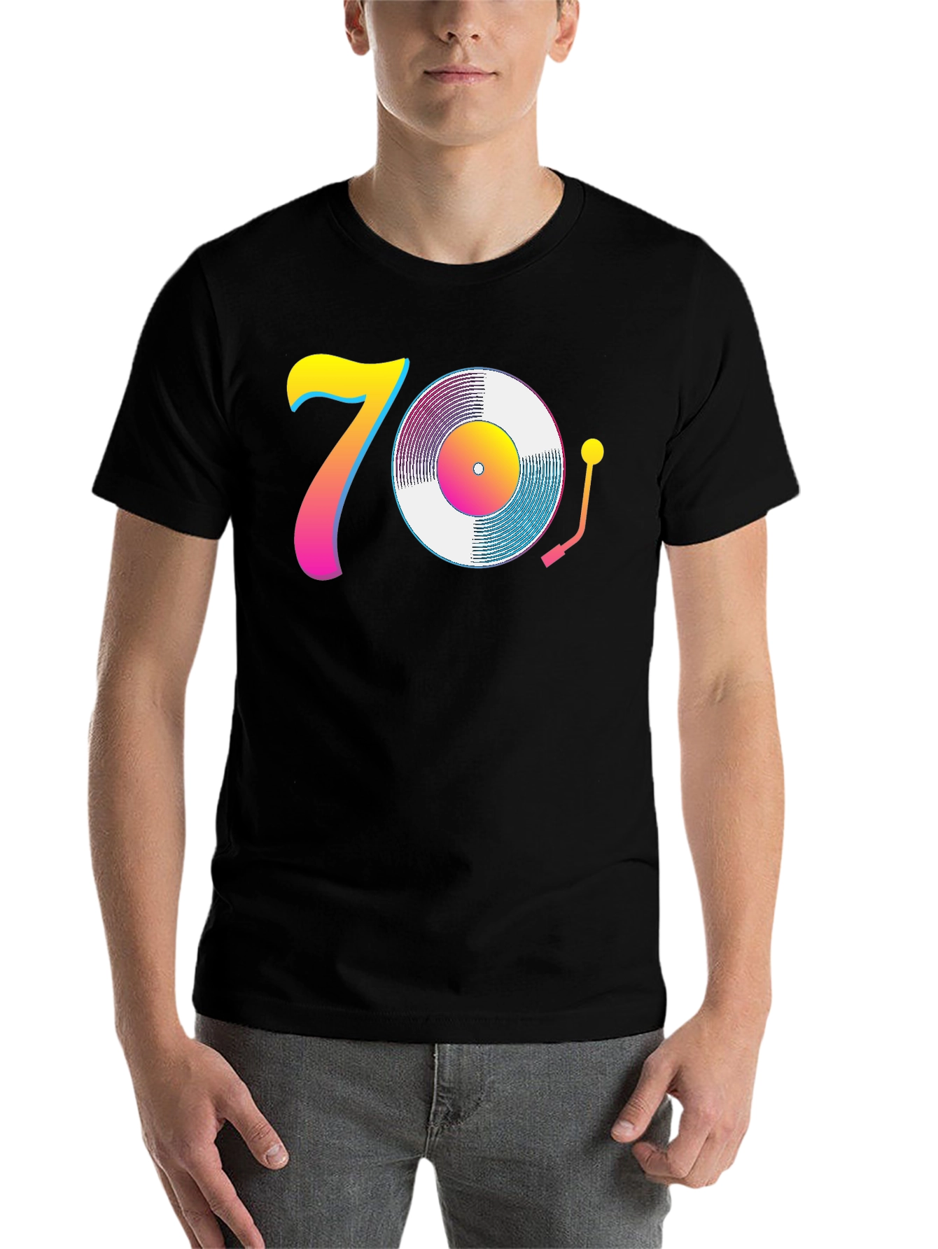 Black 70s Retro Vinyl Record T-Shirt - Black view 7
