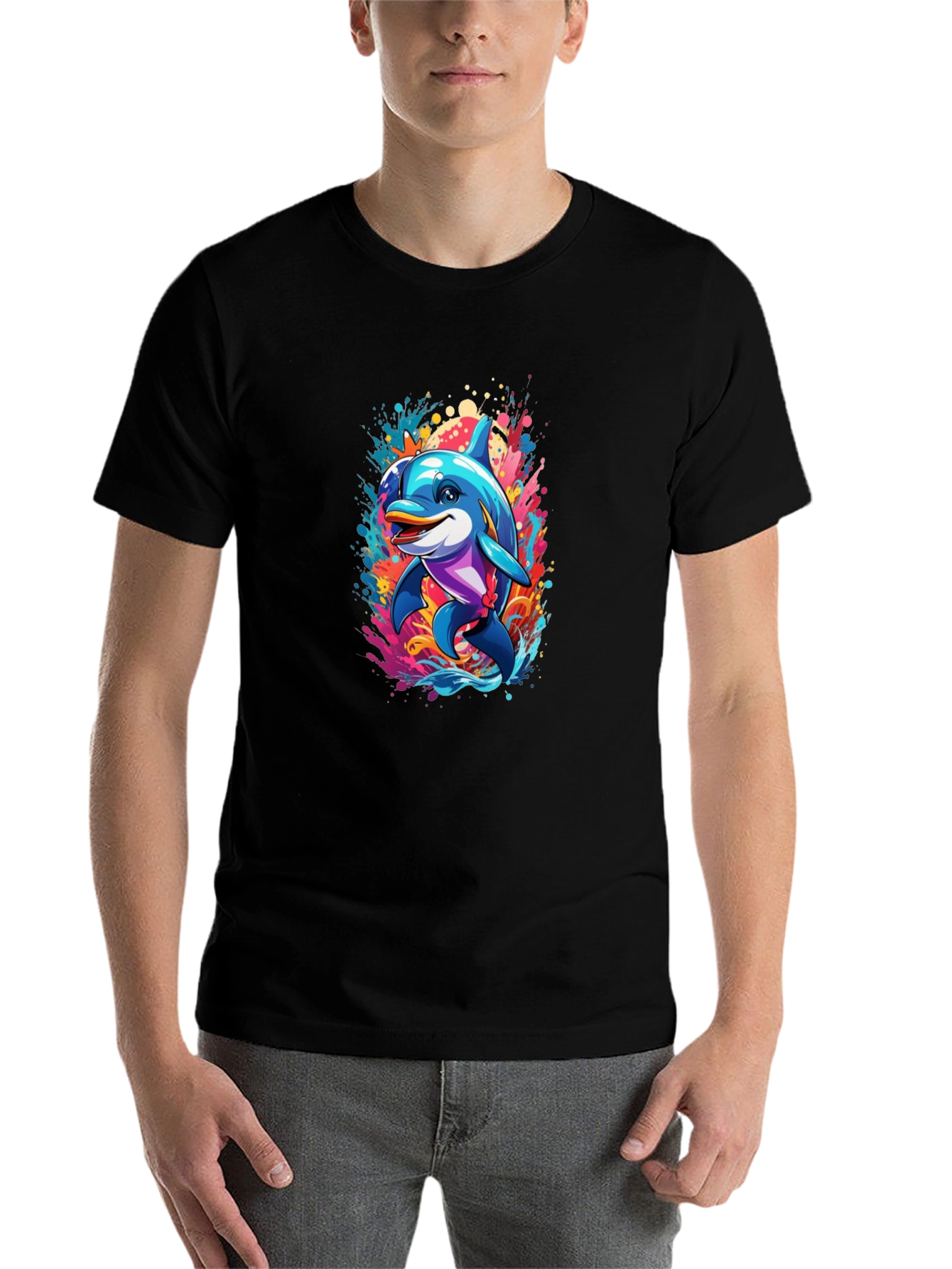 Black Dolphin Splash Black T-Shirt - Fun Graphic Tee view 7