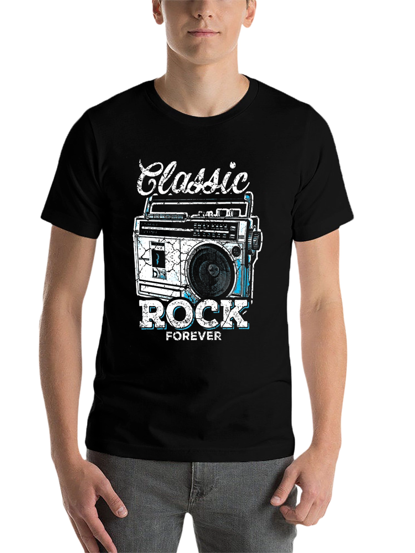 Black Classic Rock Forever Tee - Retro Boombox Graphic view 7