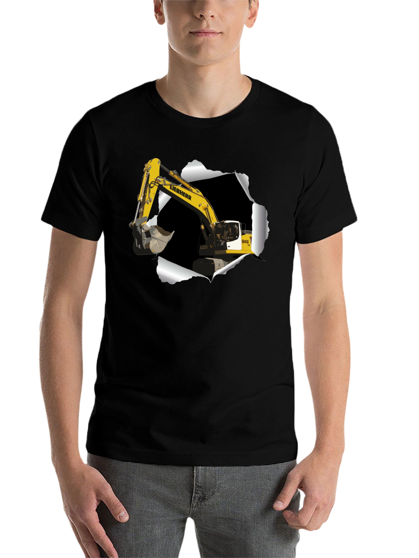 Black Excavator Ripped Tee - Construction Vehicle Graphic T-Shirt view 7