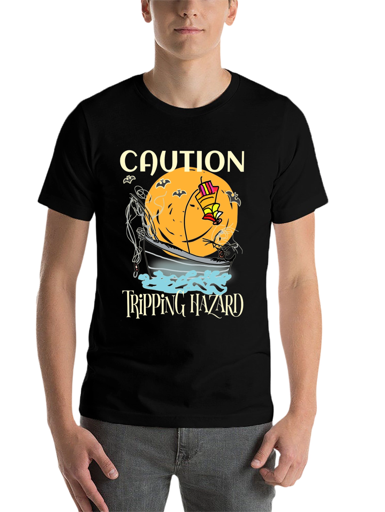 Black Caution Tripping Hazard Funny Halloween T-Shirt view 7