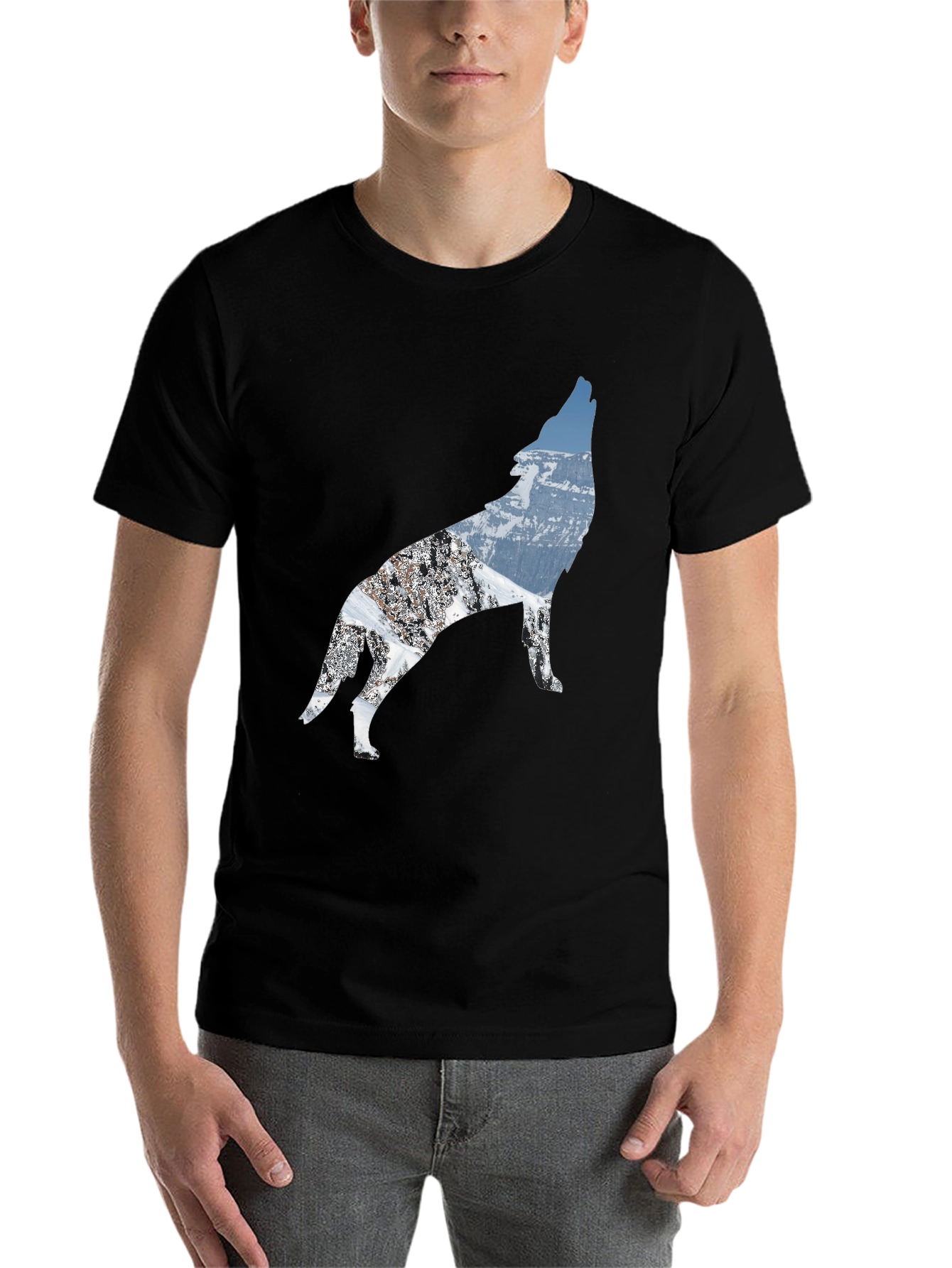 Black Wolf Mountain Scene Black T-Shirt view 7