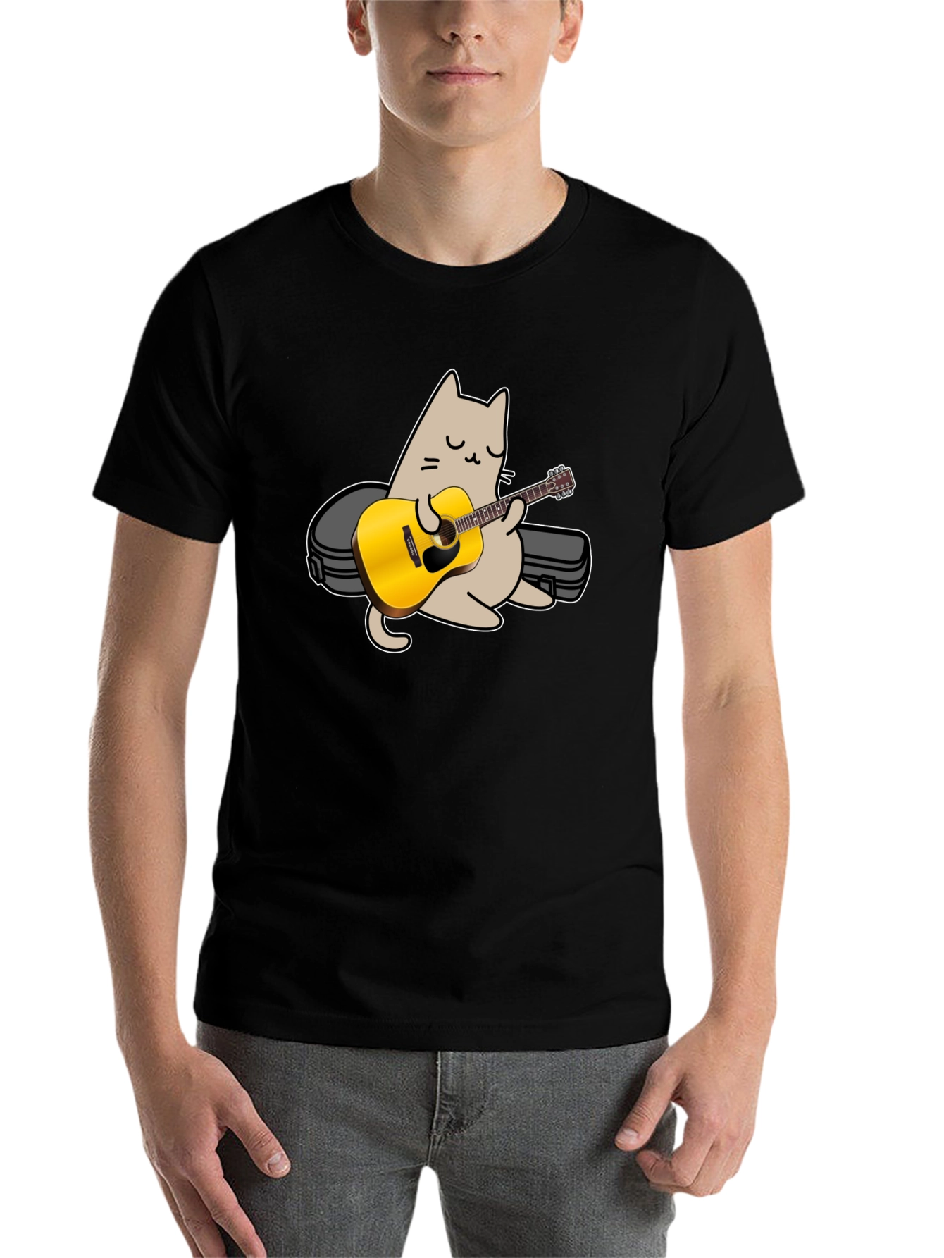 Black Cat Playing Guitar Graphic Tee - Black view 7