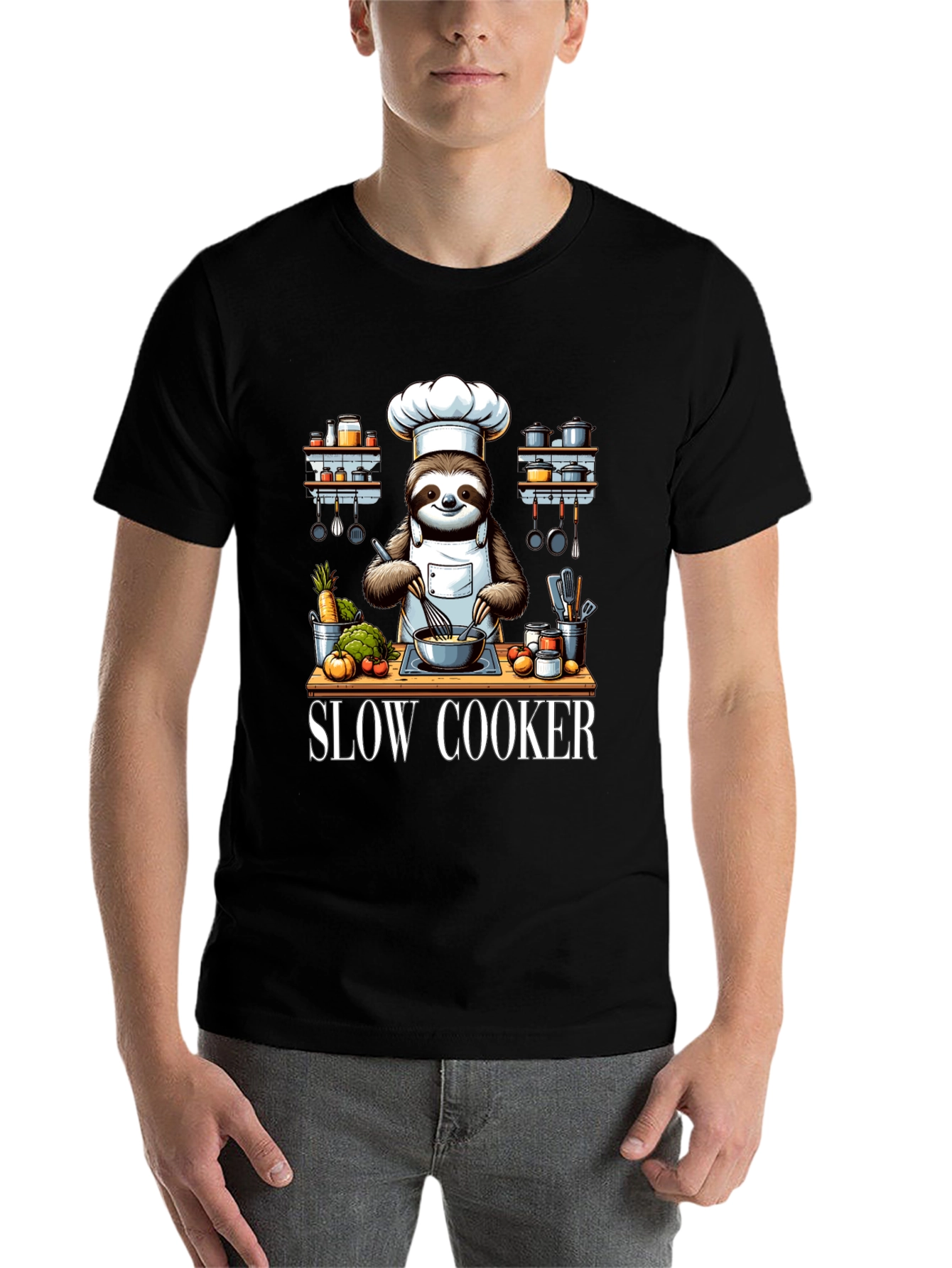 Black Sloth Chef T-Shirt - Slow Cooker Design view 7