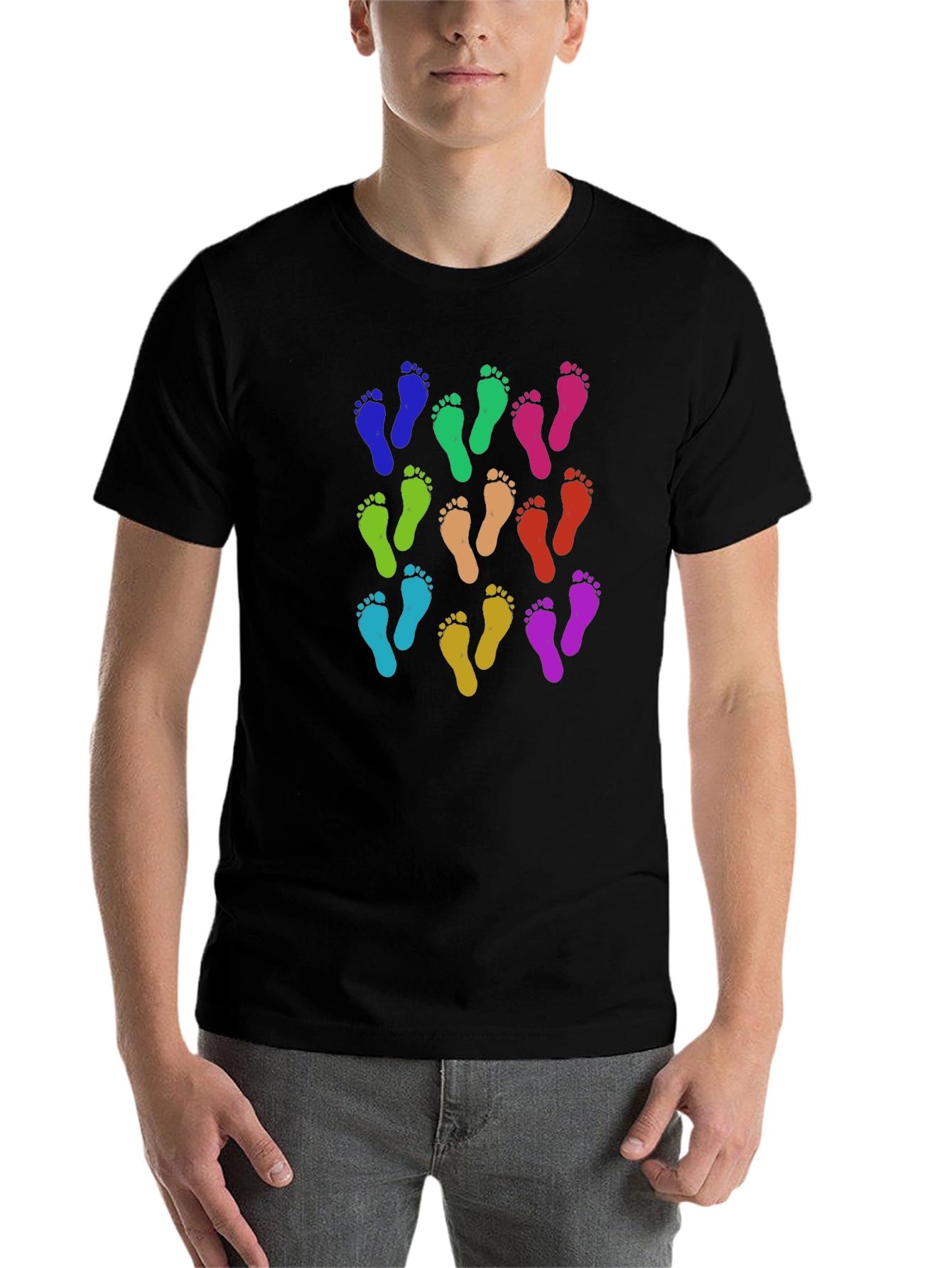 Black Colorful Footprints Tee - Funky Pattern Black T-Shirt view 7