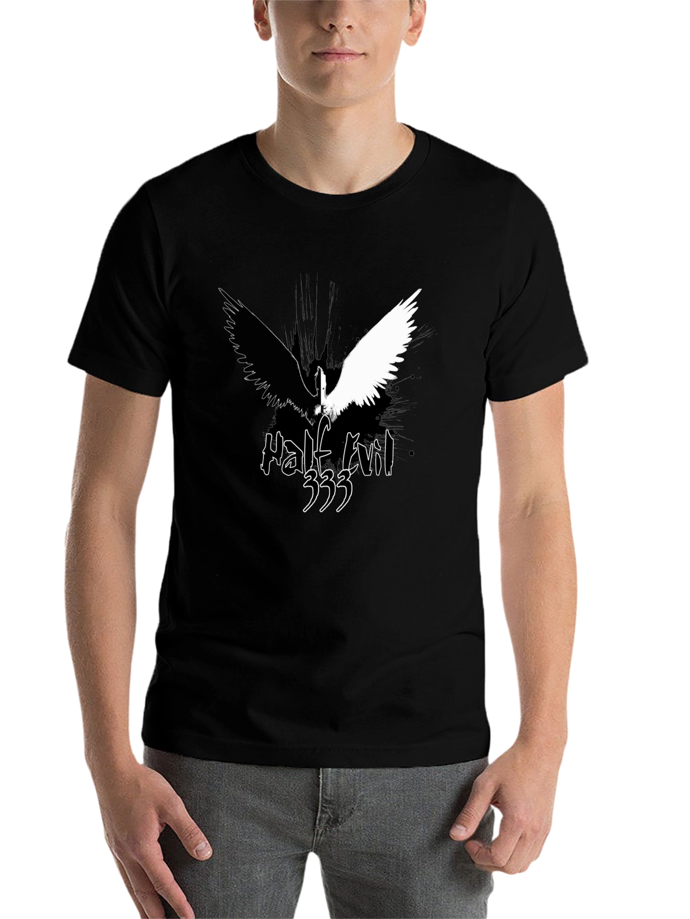 Black Half Evil Angel Wings Black T-Shirt view 7