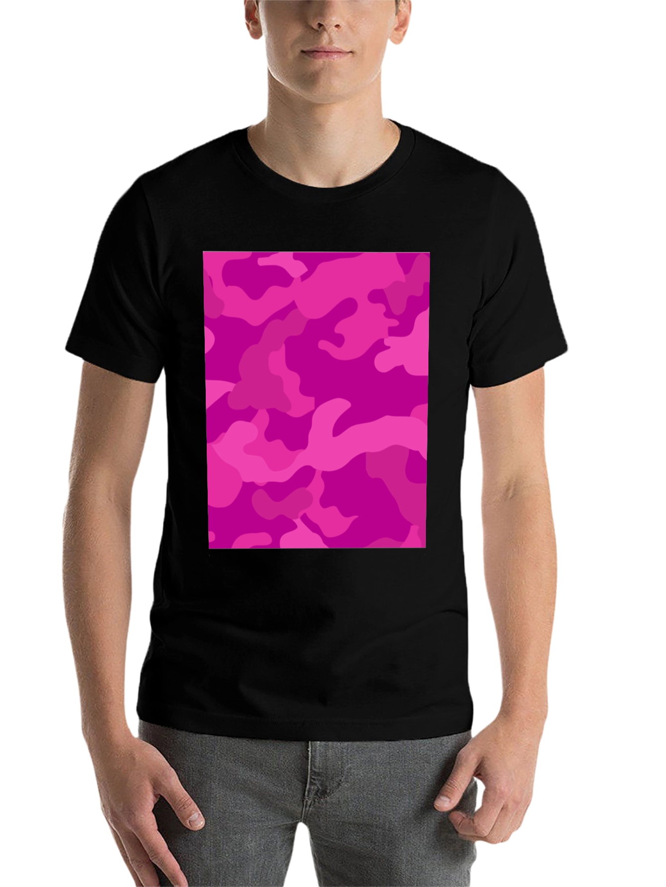 Black Pink Camo Print Black Crew Neck T-Shirt view 7