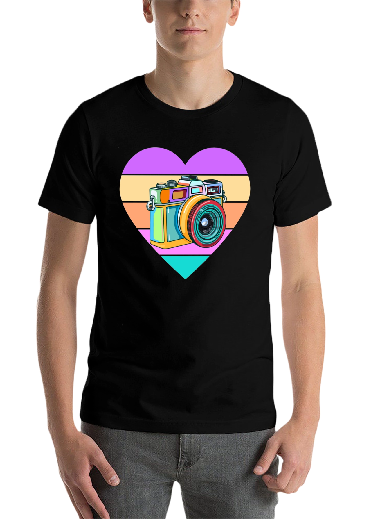 Black Retro Camera Heart Graphic Tee - Black Cotton T-Shirt view 7