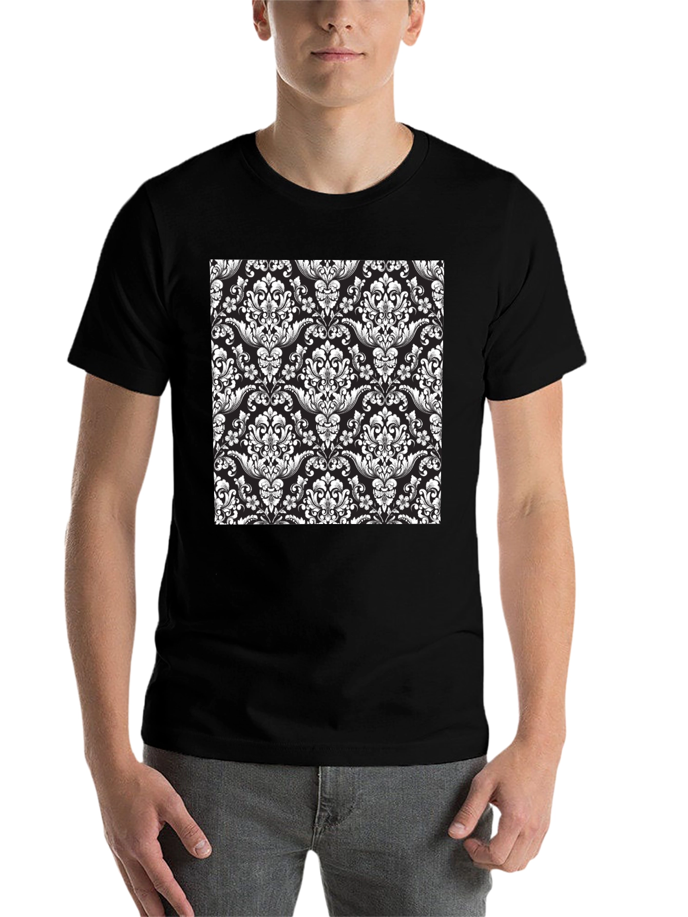 Black Elegant Damask Pattern Black T-Shirt view 7