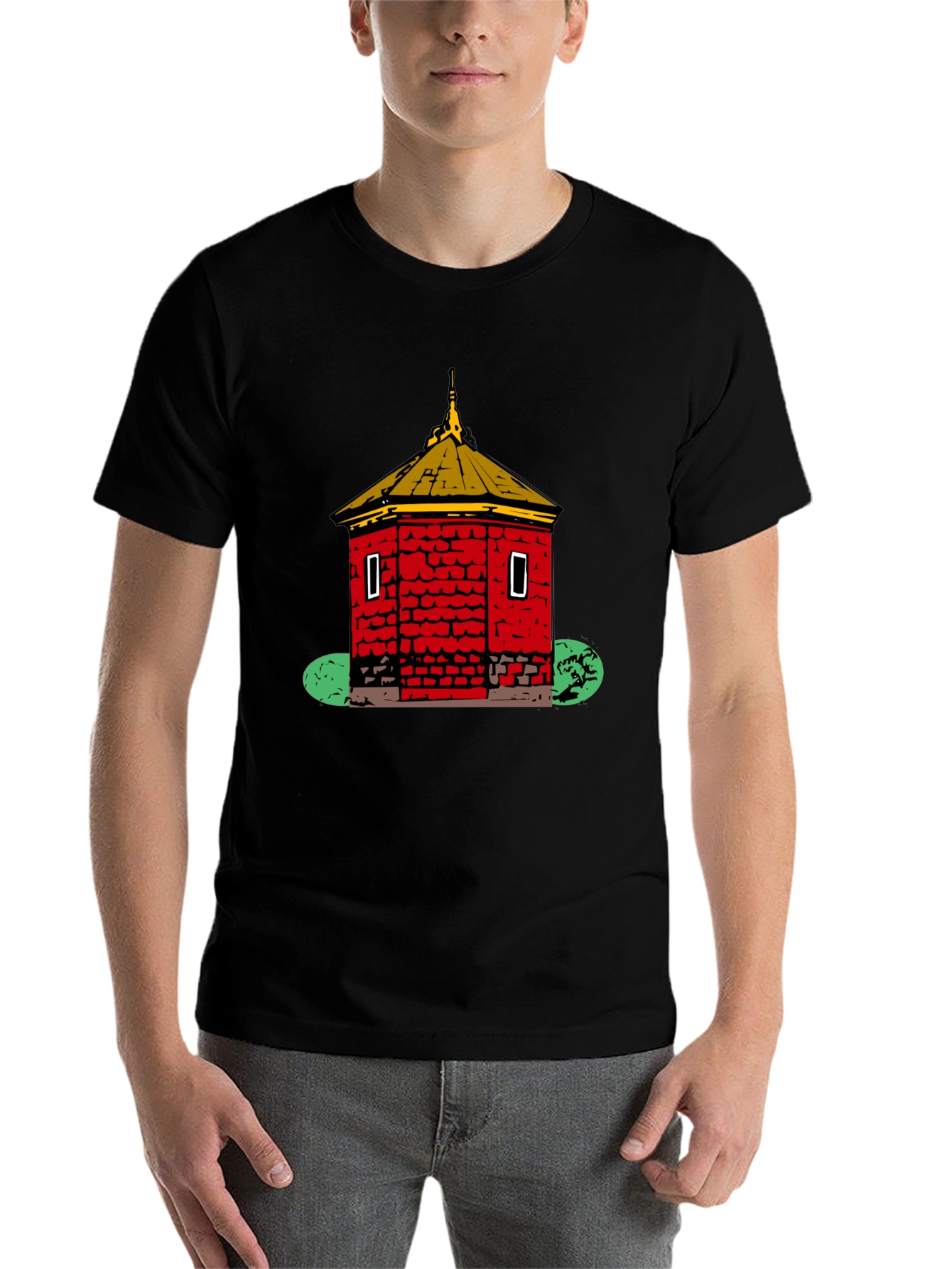 Black Red Brick Building Graphic Black T-Shirt view 7