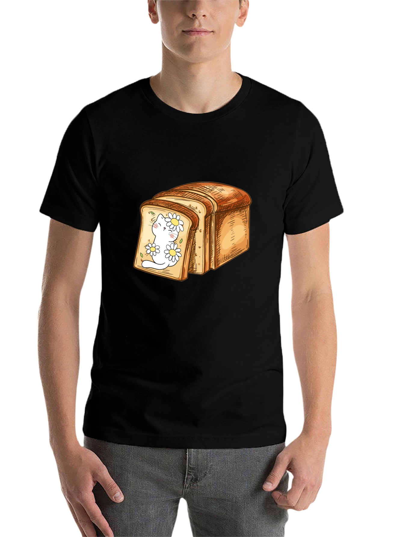 Black Cute Cat in Bread Slice Graphic T-Shirt view 7