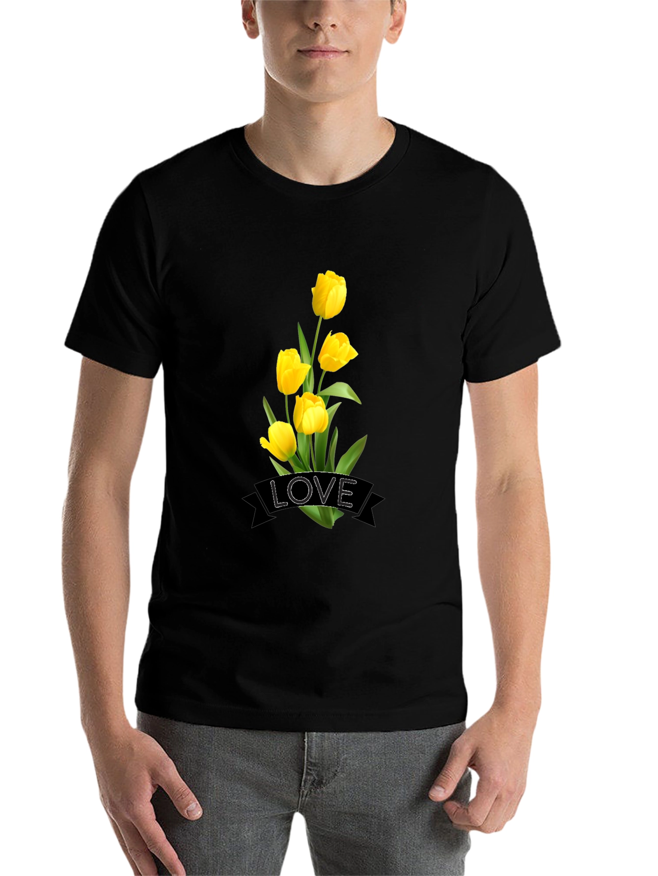 Black Love Tulips Graphic Black T-Shirt view 7