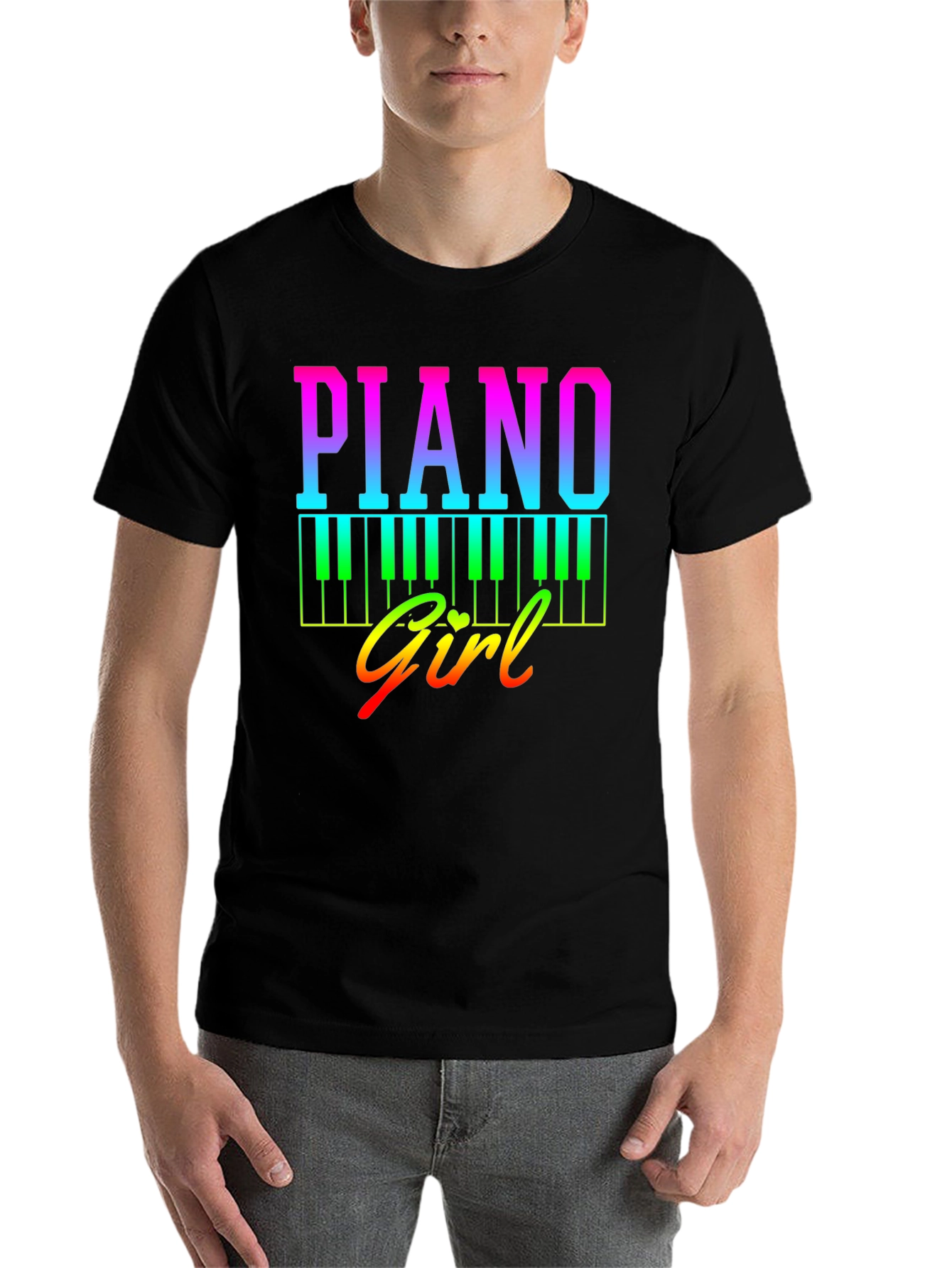 Black Piano Girl Rainbow Graphic Tee - Musician's Shirt view 7