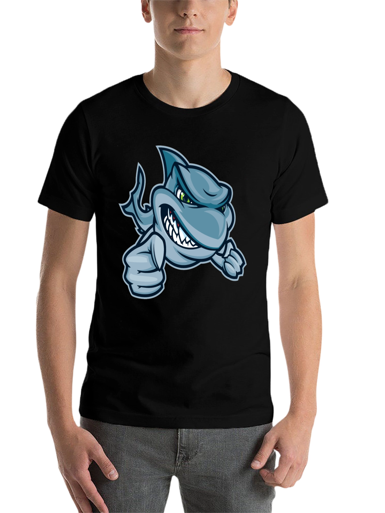 Black Cool Cartoon Shark Graphic T-Shirt view 7