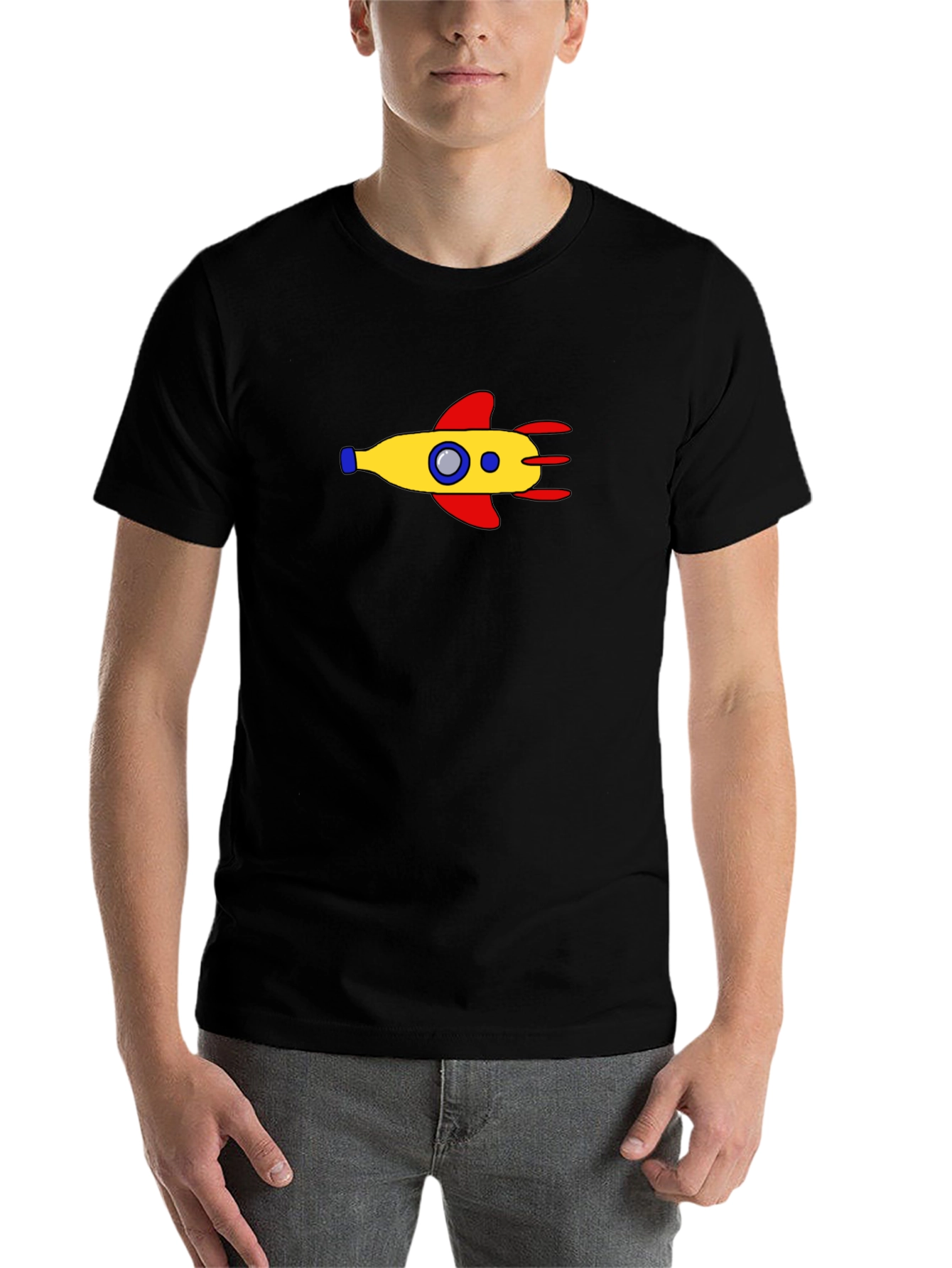 Black Retro Rocket Graphic Tee - Black Cotton Blend view 7