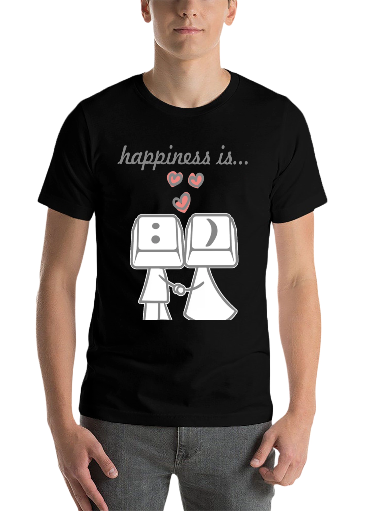 Black Happiness Is...Keyboard Key Couple T-Shirt view 7